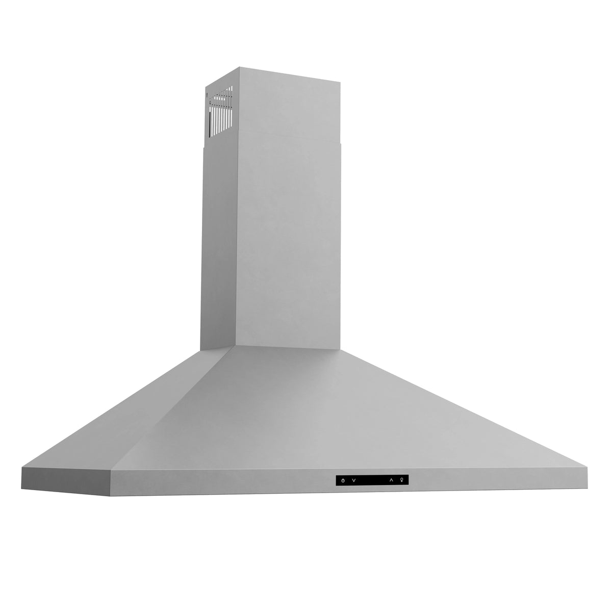 Stainless steel wall-mount range hood with tall chimney and wide stainless canopy