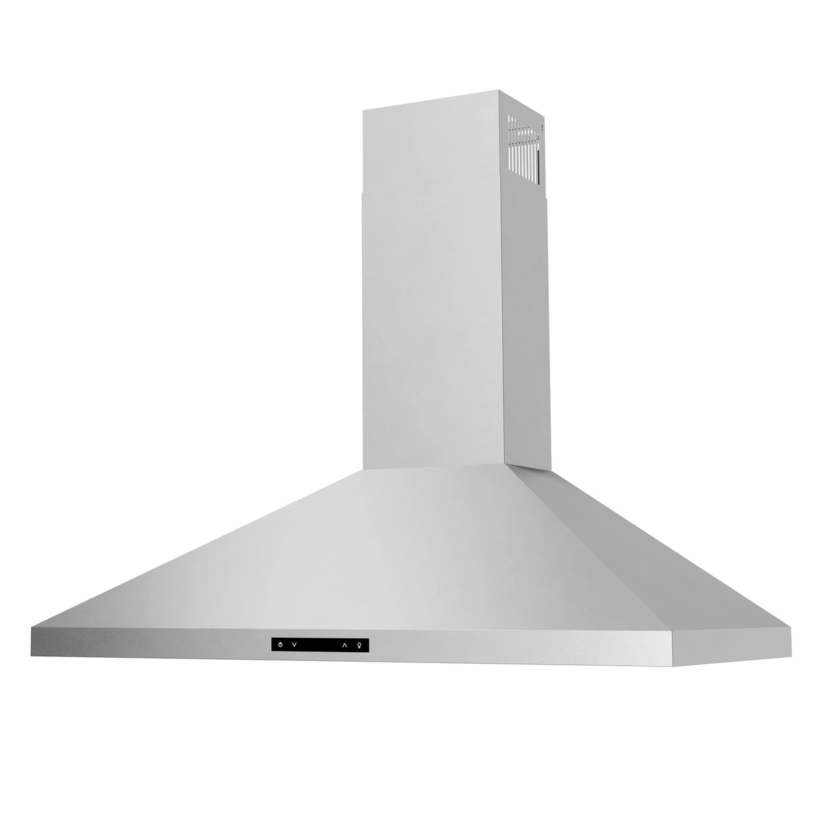 Stainless steel wall-mount range hood chimney with side vent grilles and front control bar