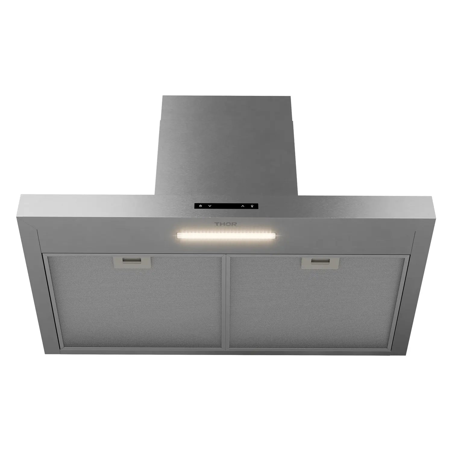 Stainless steel wall mount range hood with two mesh filters and bright LED light