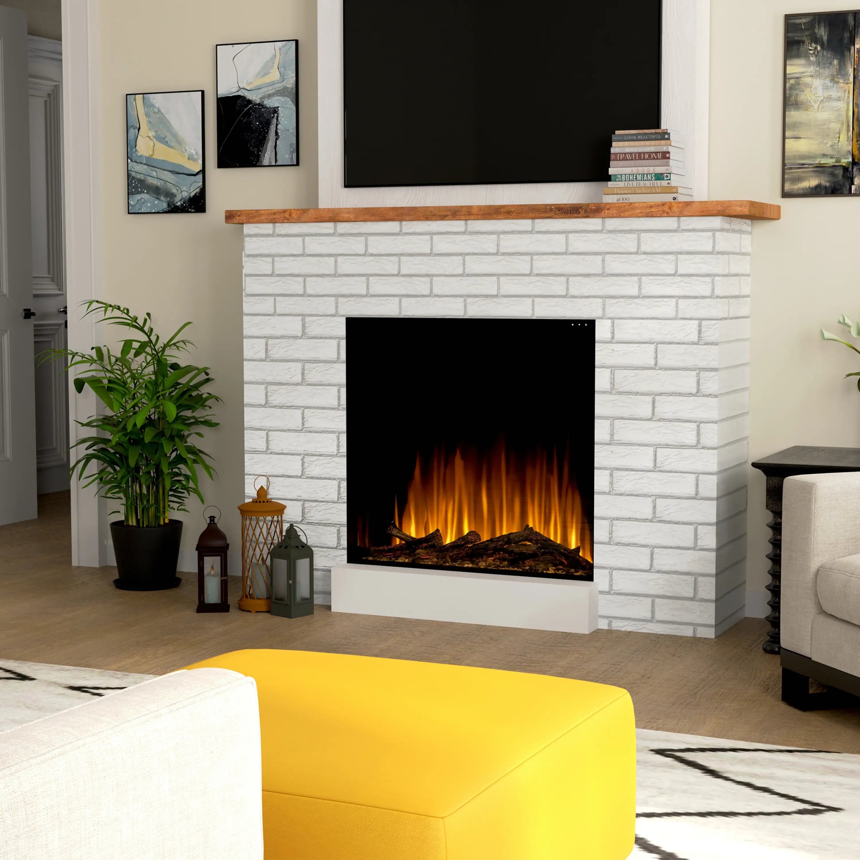 Built-in electric fireplace with glass front and glowing log fuel bed in white surround