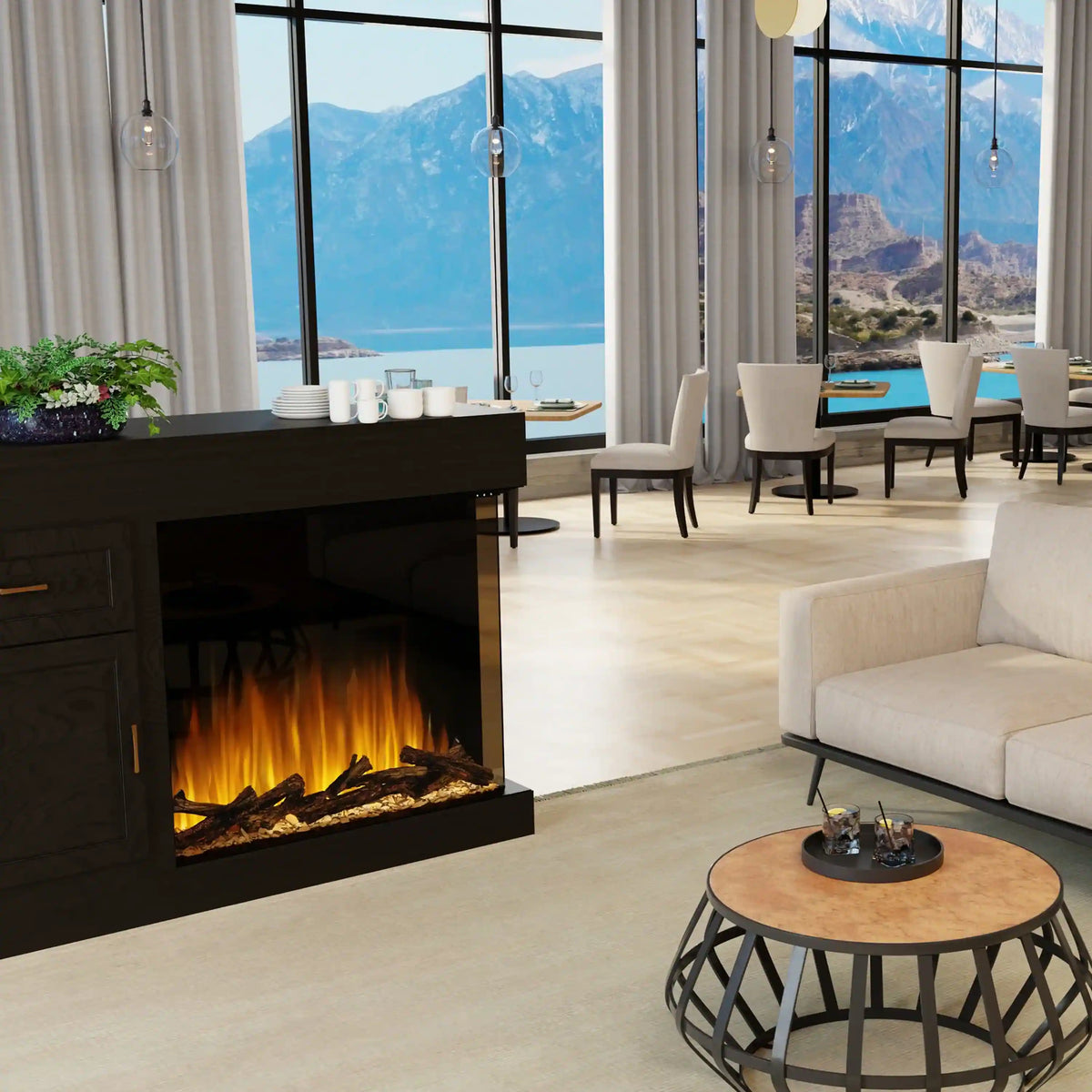 Black electric firebox with glowing logs and flames