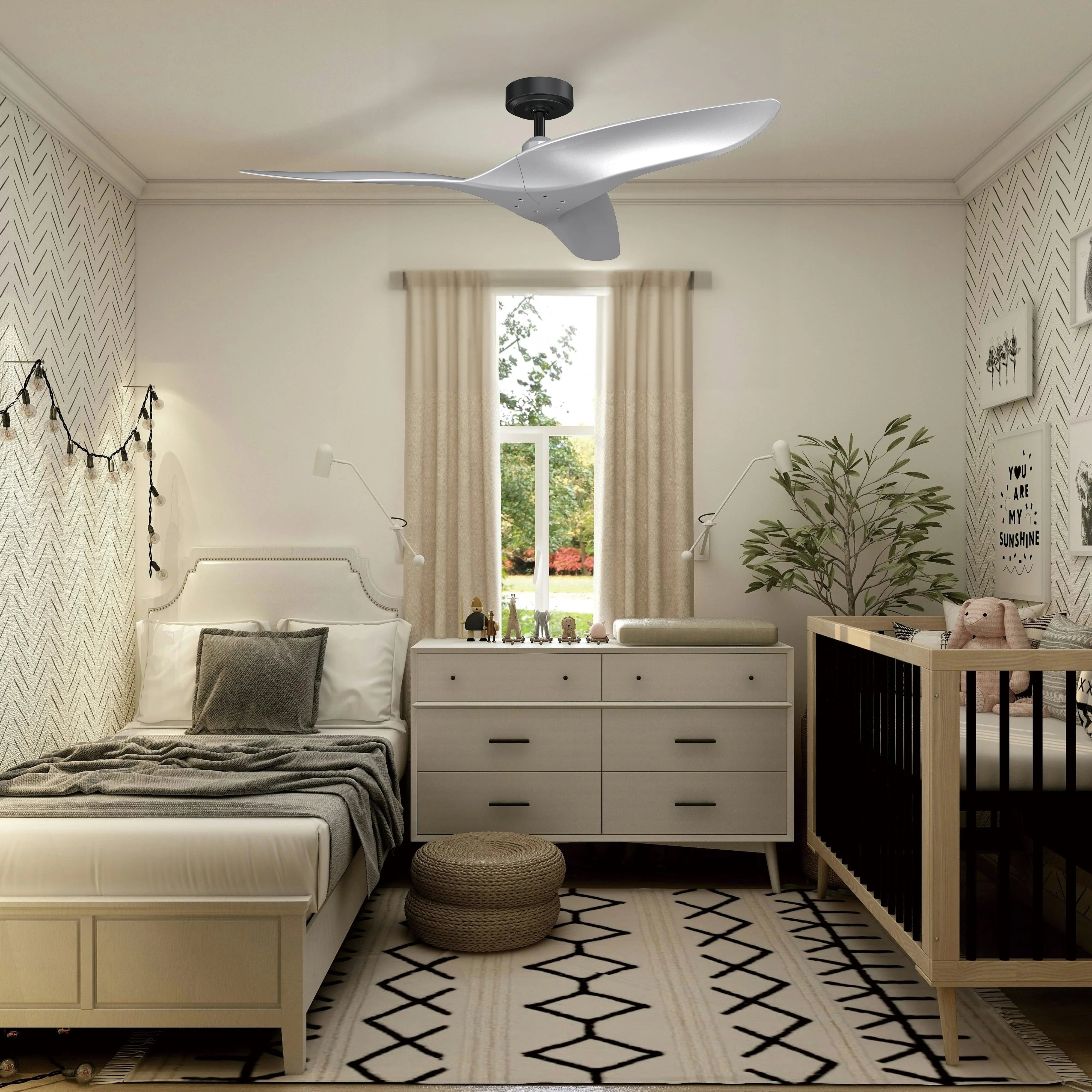 White ceiling fan with three blades and downrod mount in a modern bedroom setting