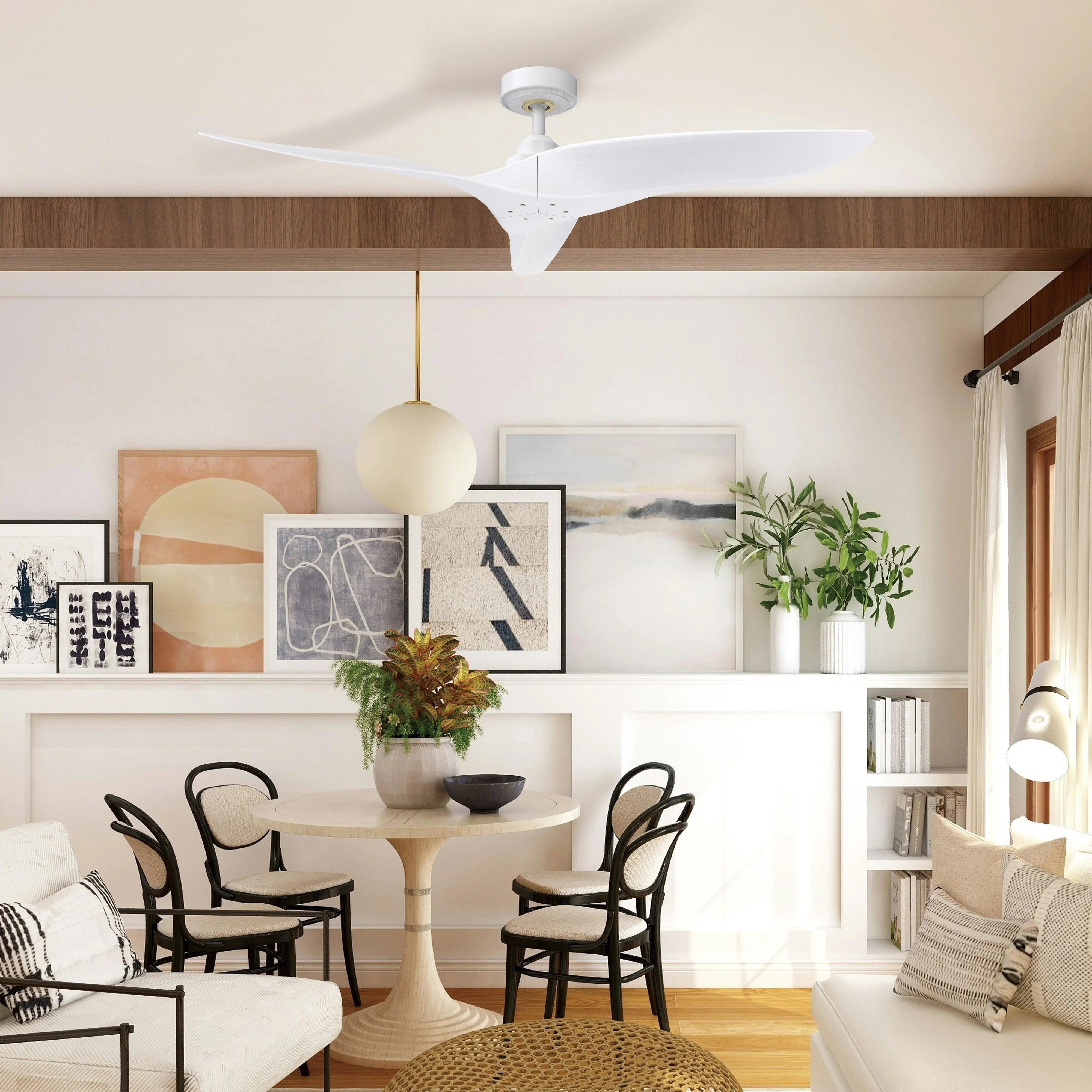 White ceiling fan with three blades and ceiling canopy mount over a dining area