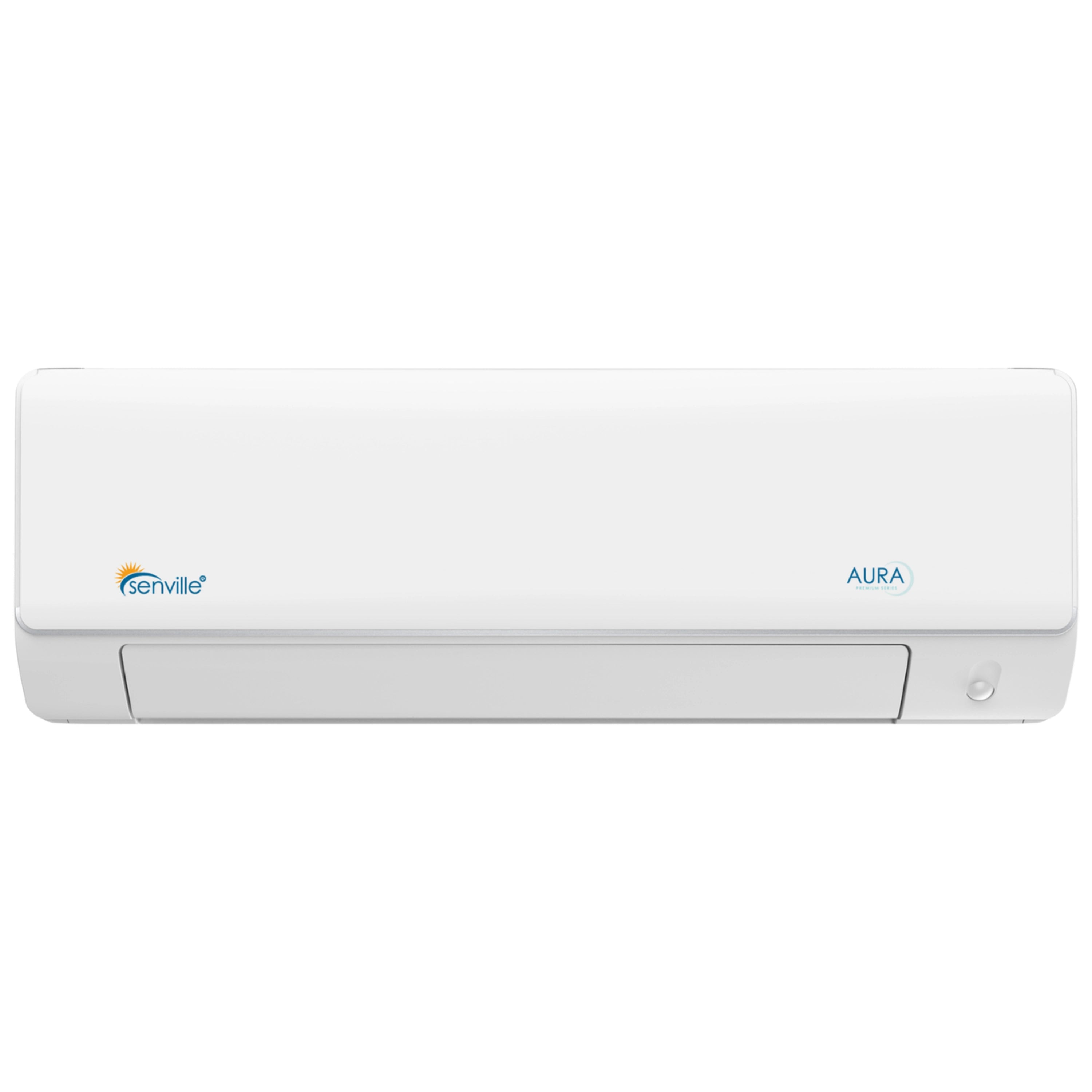 White ductless mini split indoor air handler faceplate with Senivlle and AURA logos