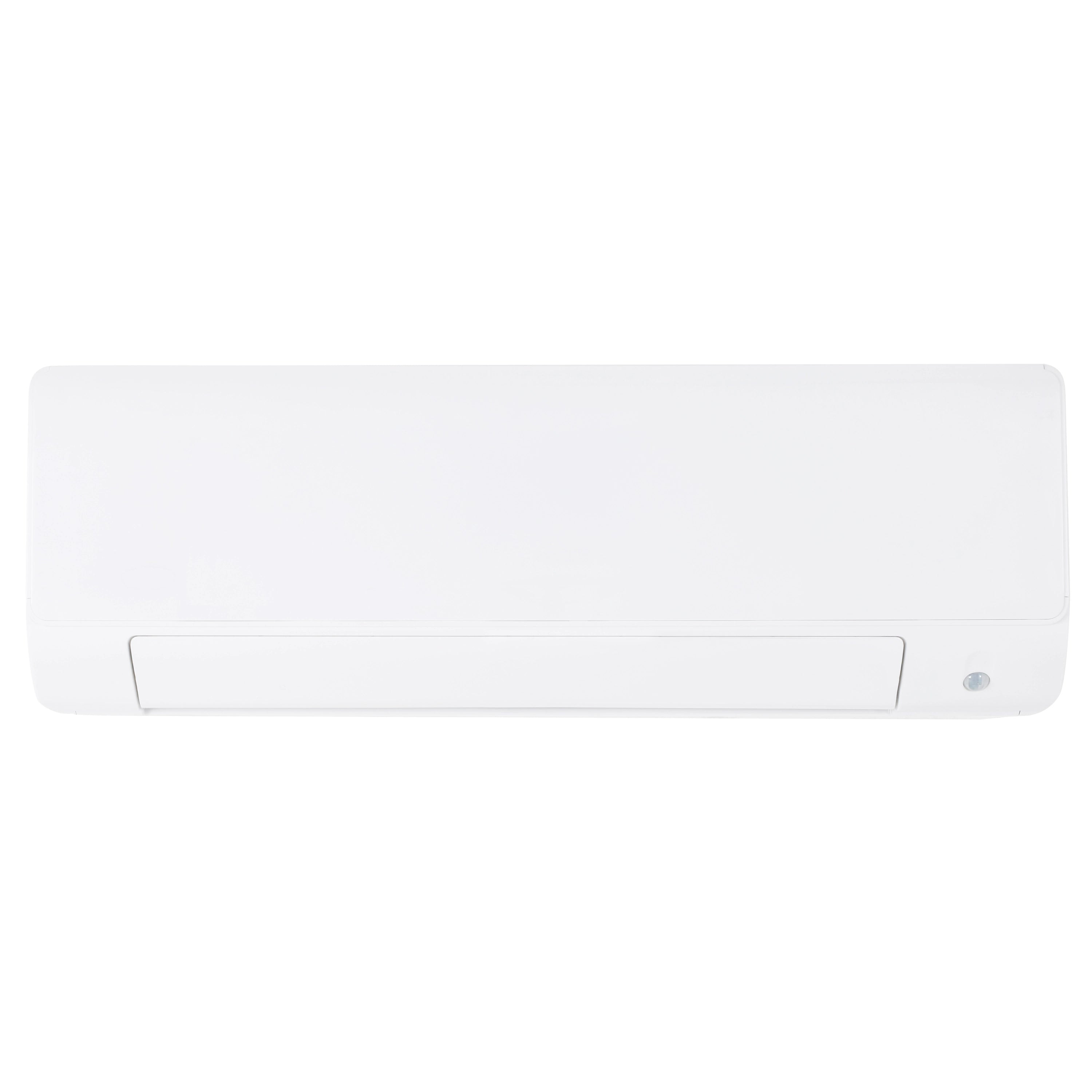 White ductless mini split indoor air handler unit, side view with control indicator