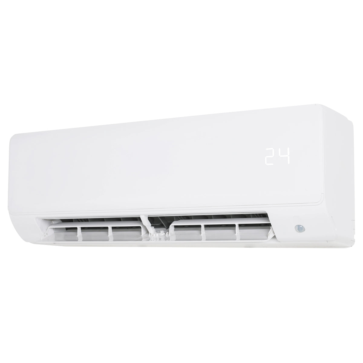 White ductless air handler with open louvers and 24 display