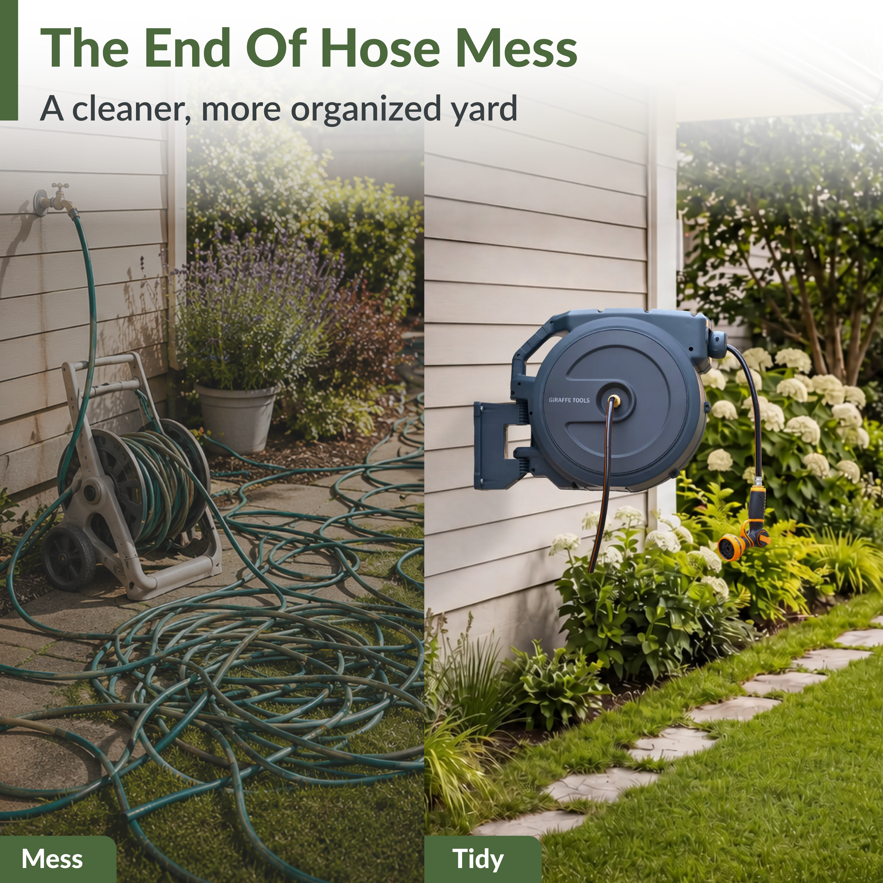 Retractable garden hose reel with hose neatly pulled out along a yard wall