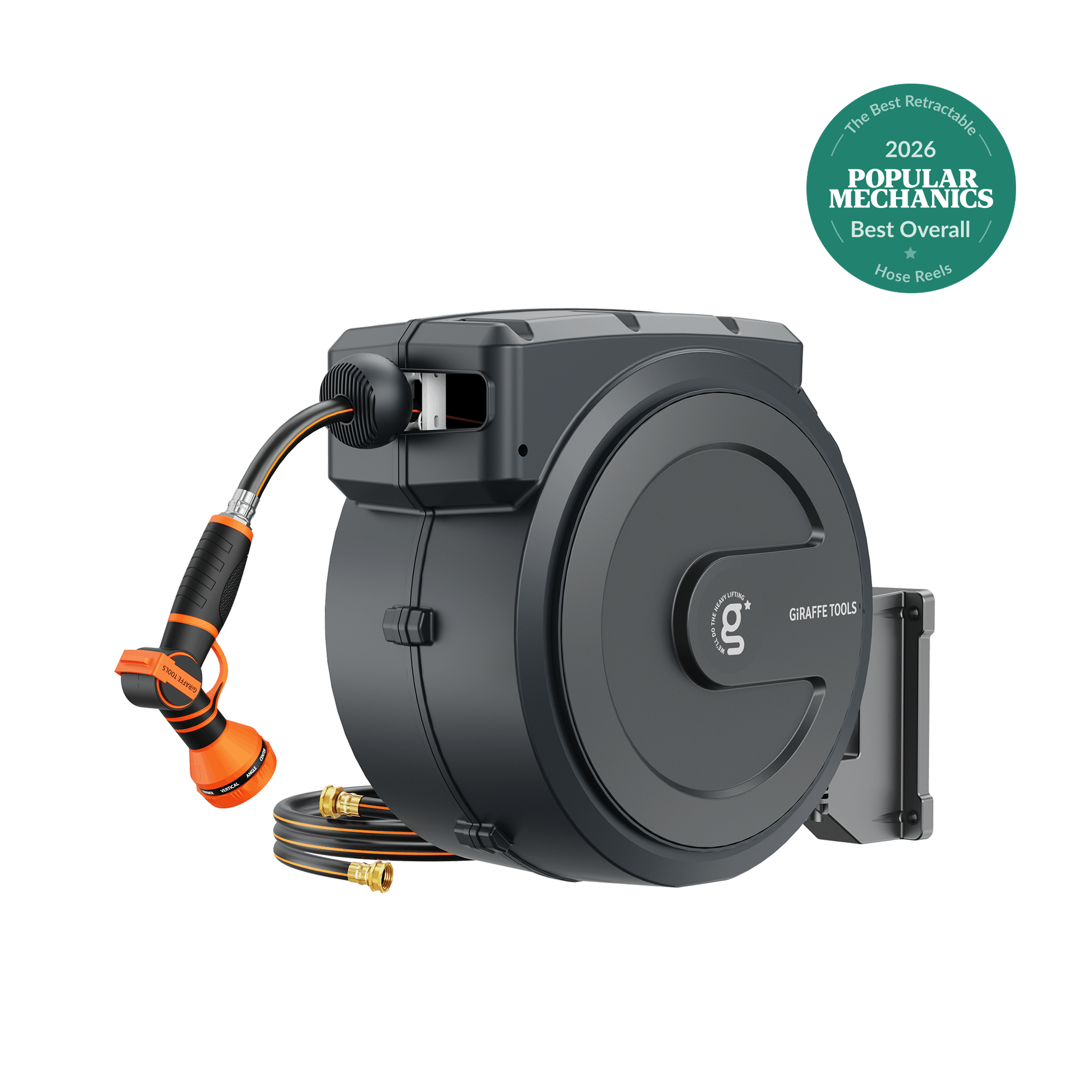 Retractable garden hose reel in dark grey with attached hose and orange nozzle