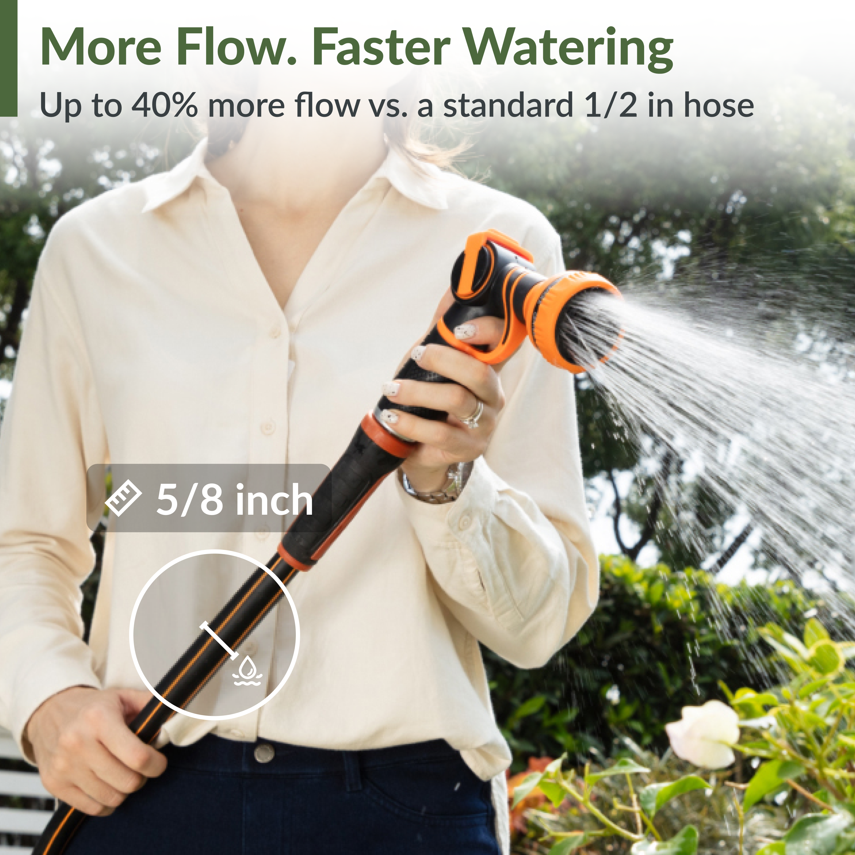 Retractable garden hose nozzle spraying water from an orange and black hose handle