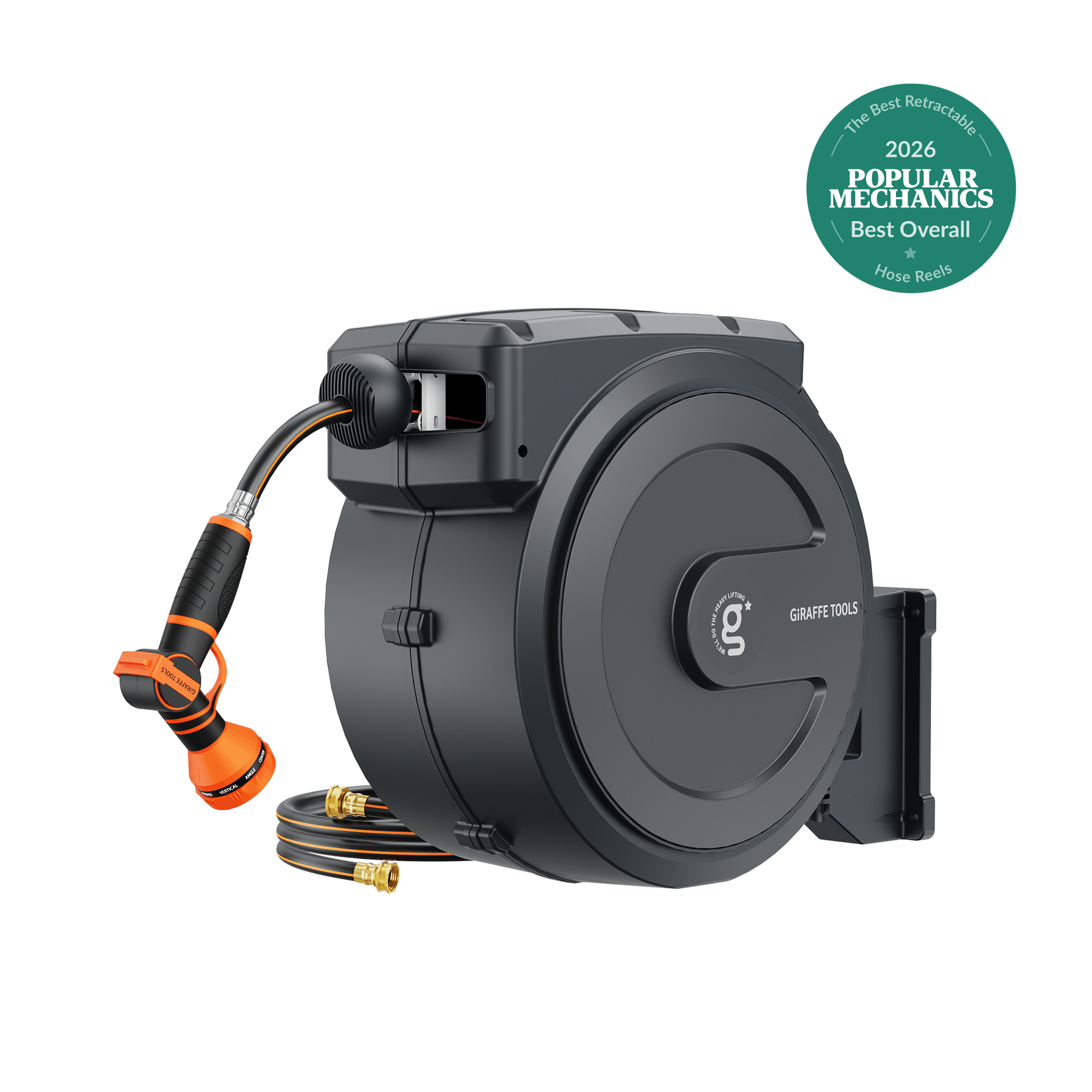 Retractable garden hose reel with 9-setting nozzle, dark grey housing and orange hose