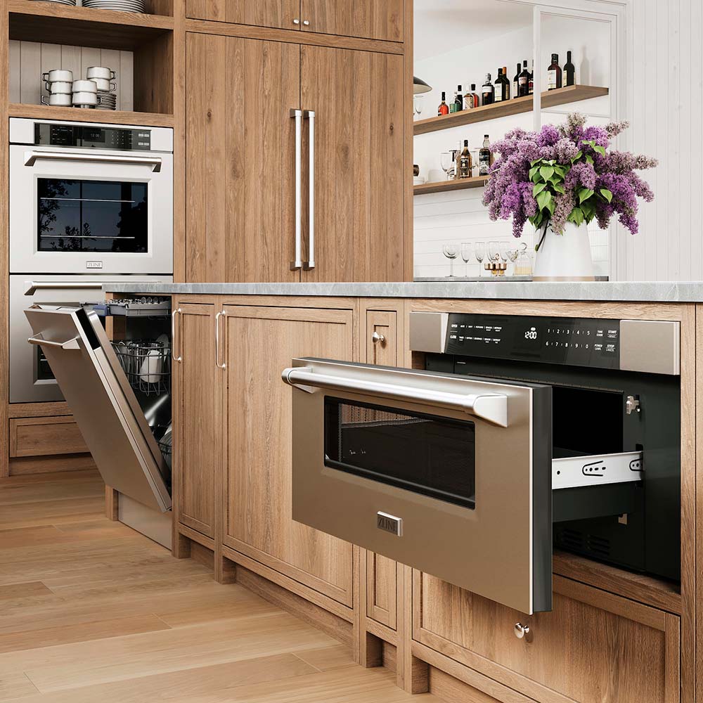 Dishwasher and oven in kitchen cabinet with open oven door