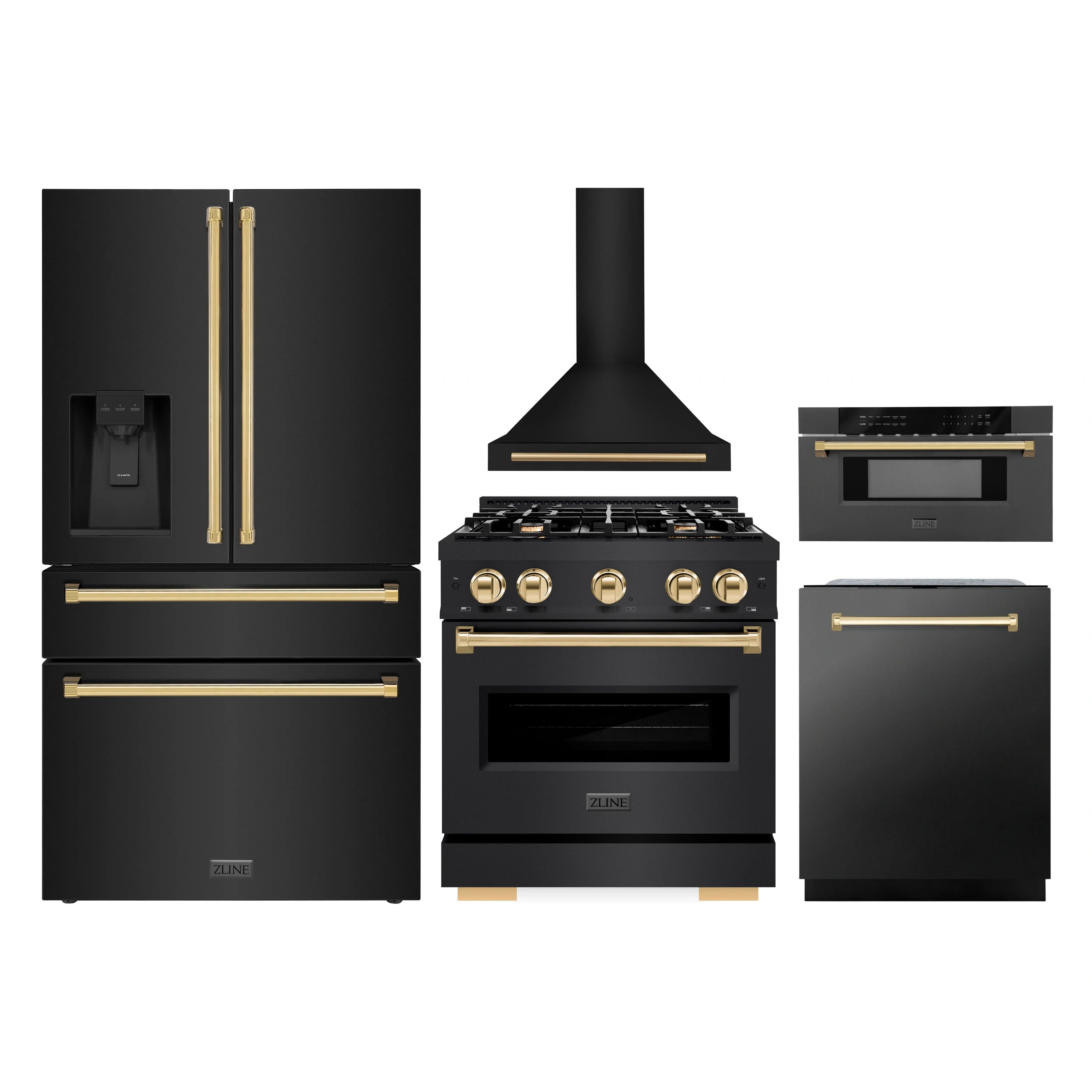 Black stainless appliance package with gold-accent doors and handles, range and hood set