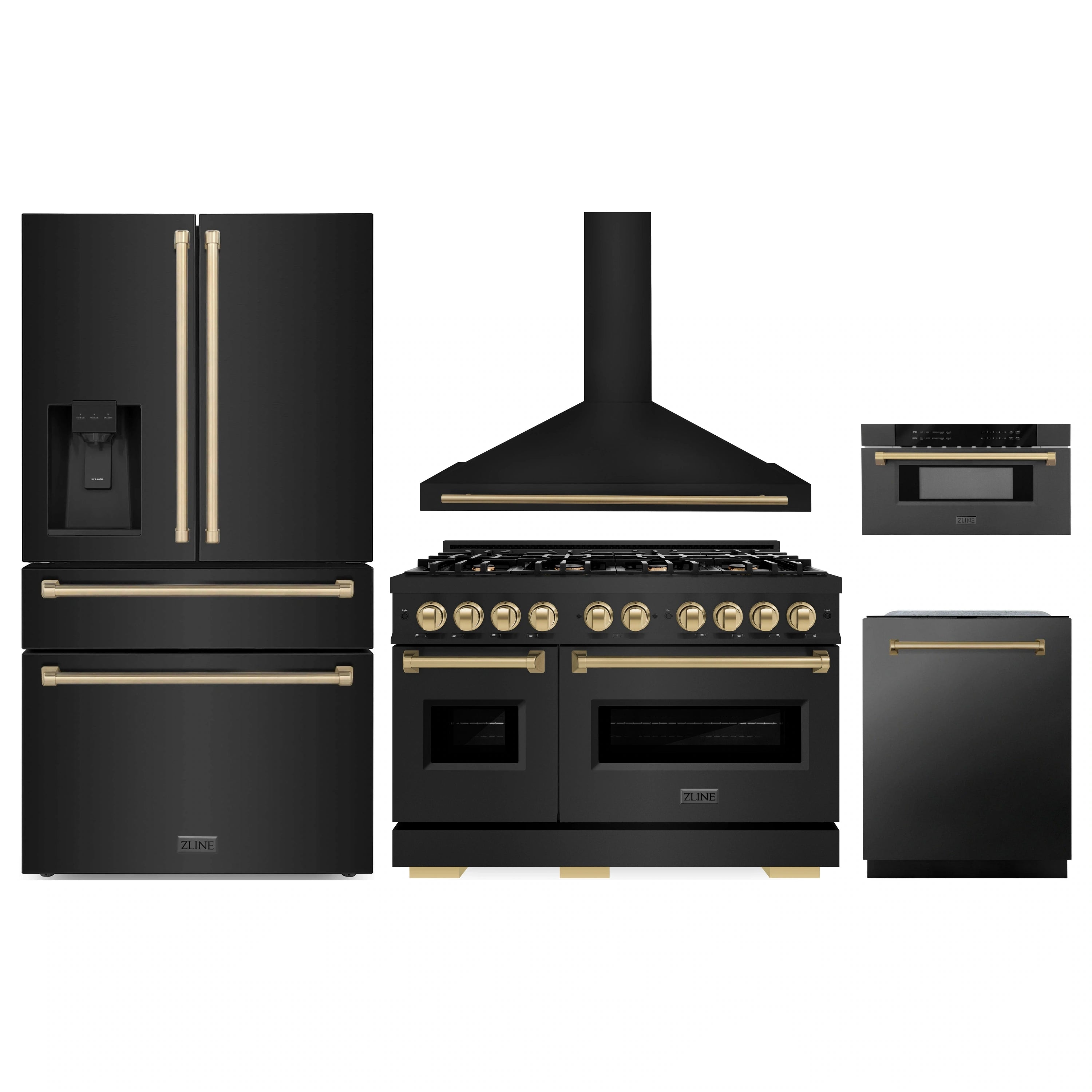 Black stainless appliance set with champagne bronze accents: range, hood, fridge, microwave, dishwasher
