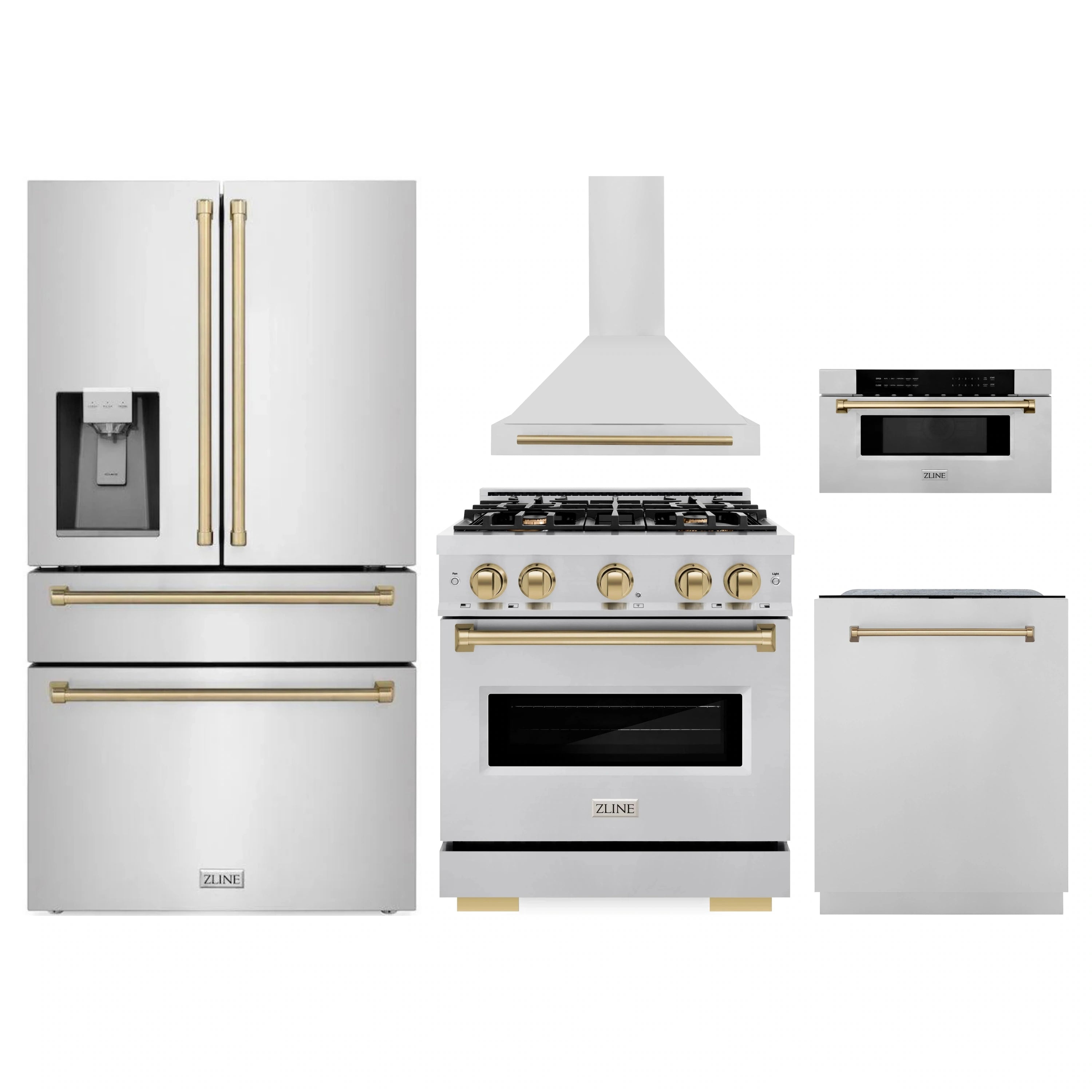 5-piece stainless steel appliance package with champagne bronze accents, including range and hood