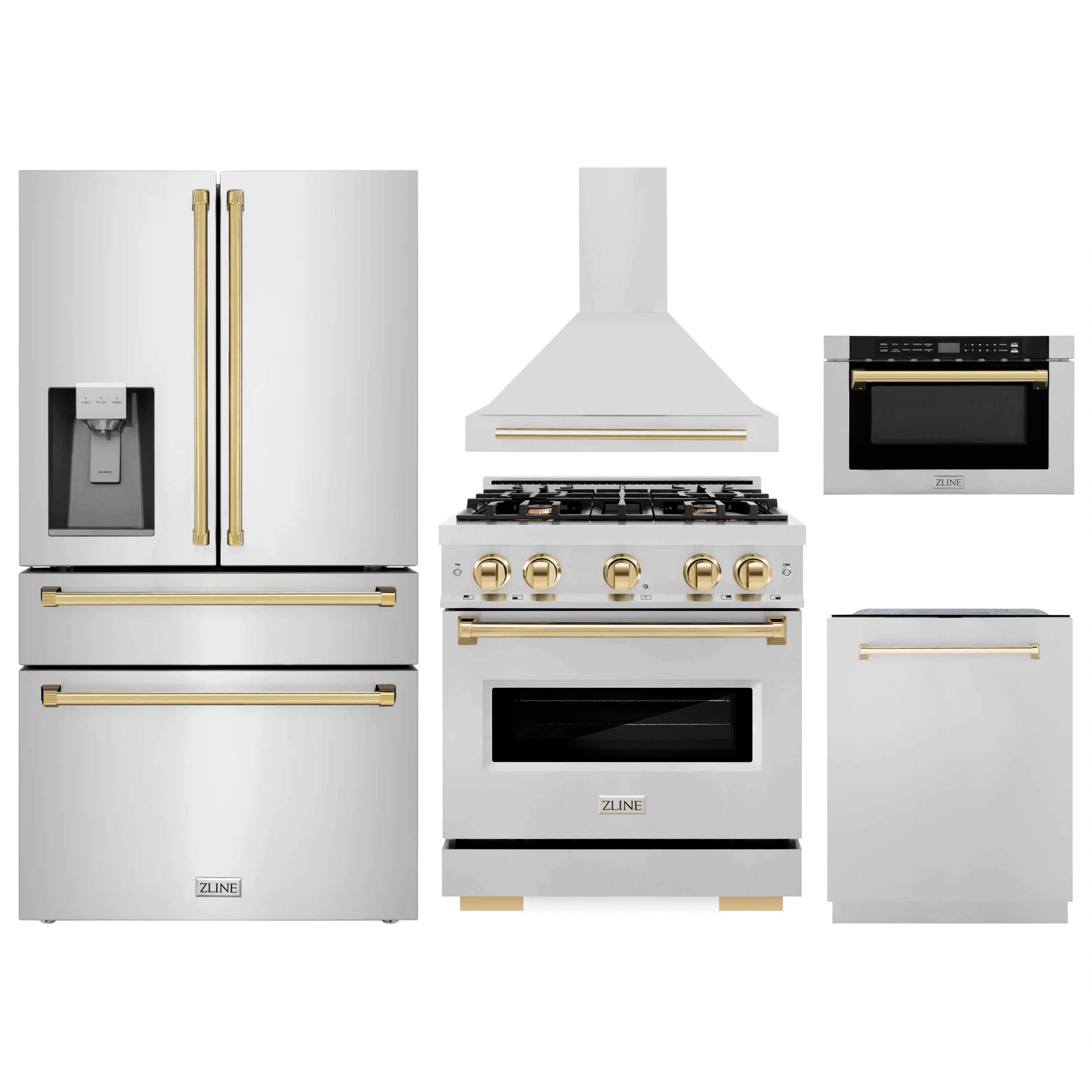 Stainless kitchen appliance set with gold accents: refrigerator, range, hood, microwave drawer