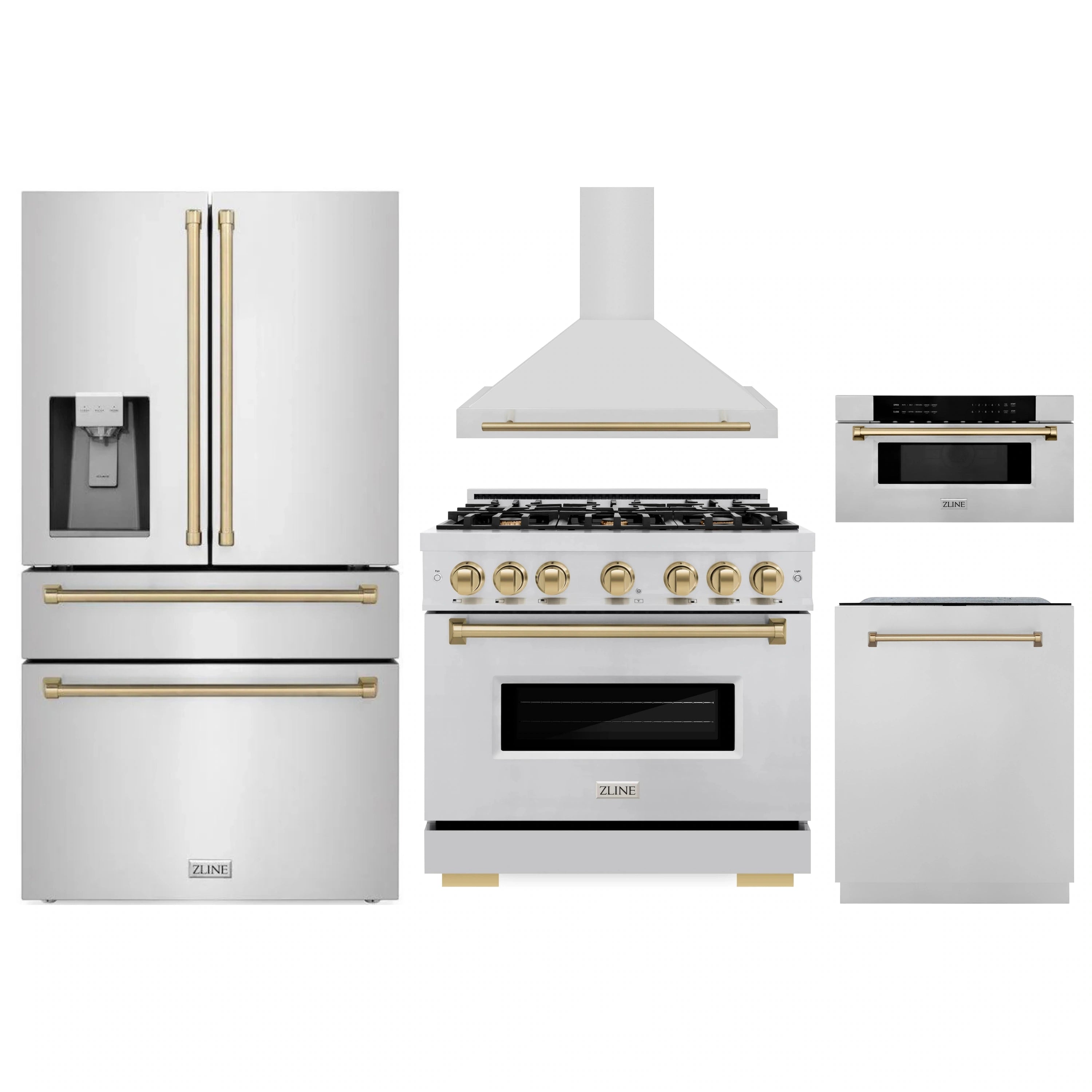 Stainless ZLINE appliance package set with range, refrigerator, dishwasher, microwave, and hood