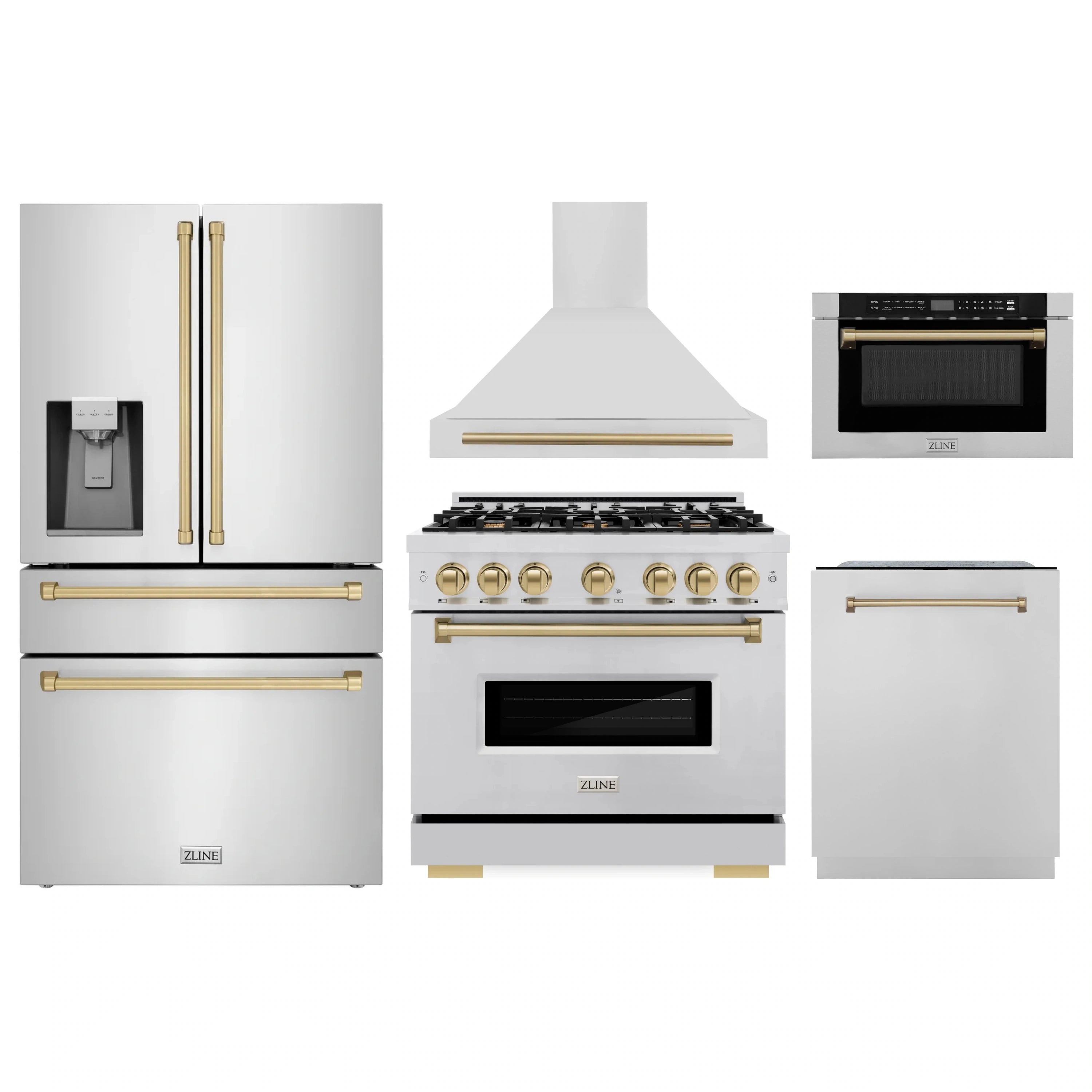 Stainless steel kitchen appliance set with champagne bronze accents: range, hood, fridge, dishwasher