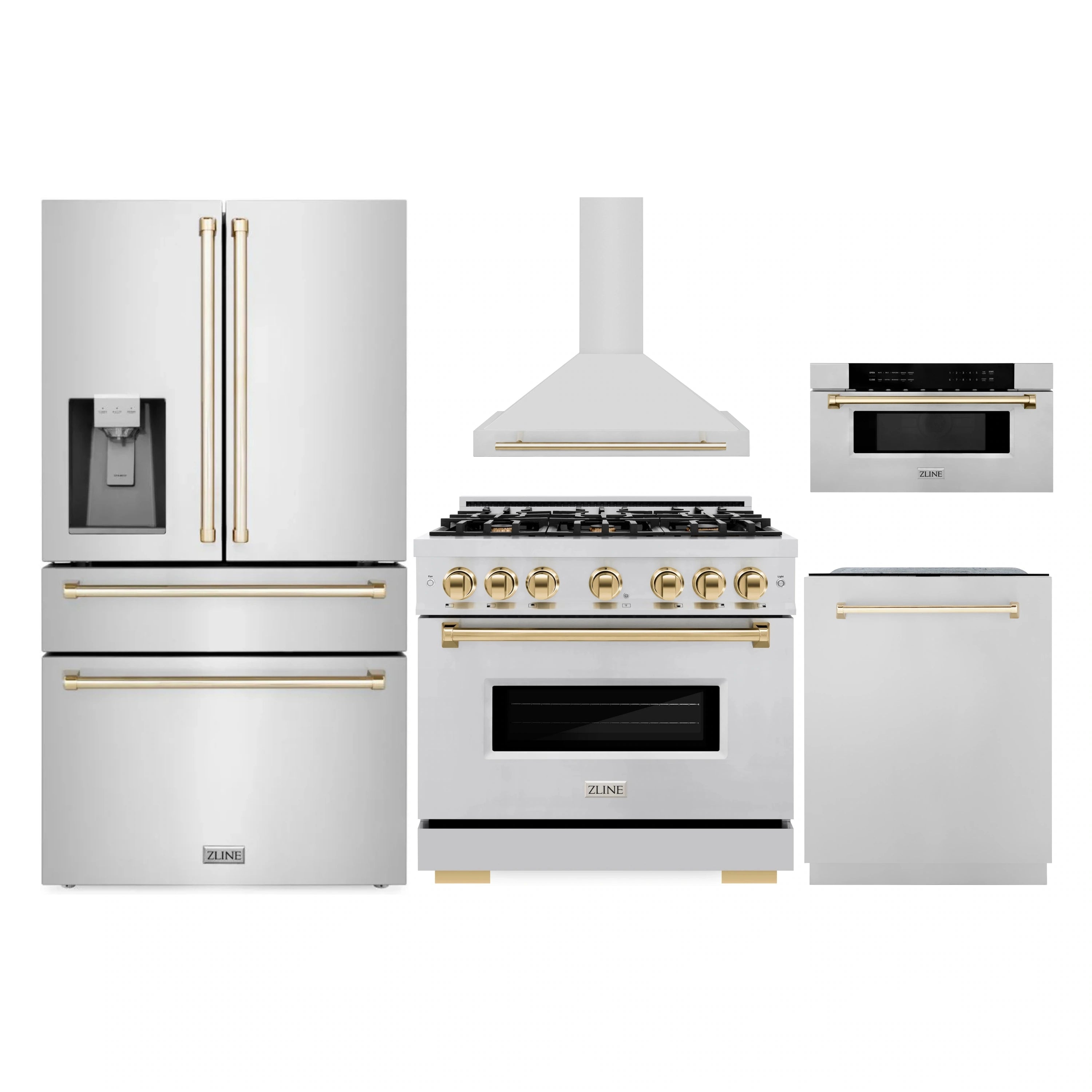 5-piece stainless appliance set with gold accents: range, hood, fridge, dishwasher, microwave