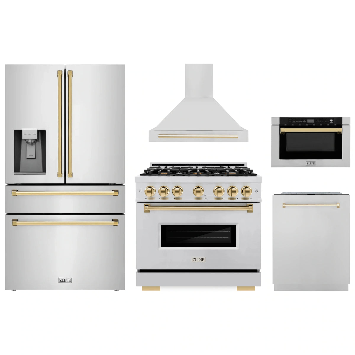 5-piece stainless steel kitchen appliance set with gold accents: refrigerator, range, hood