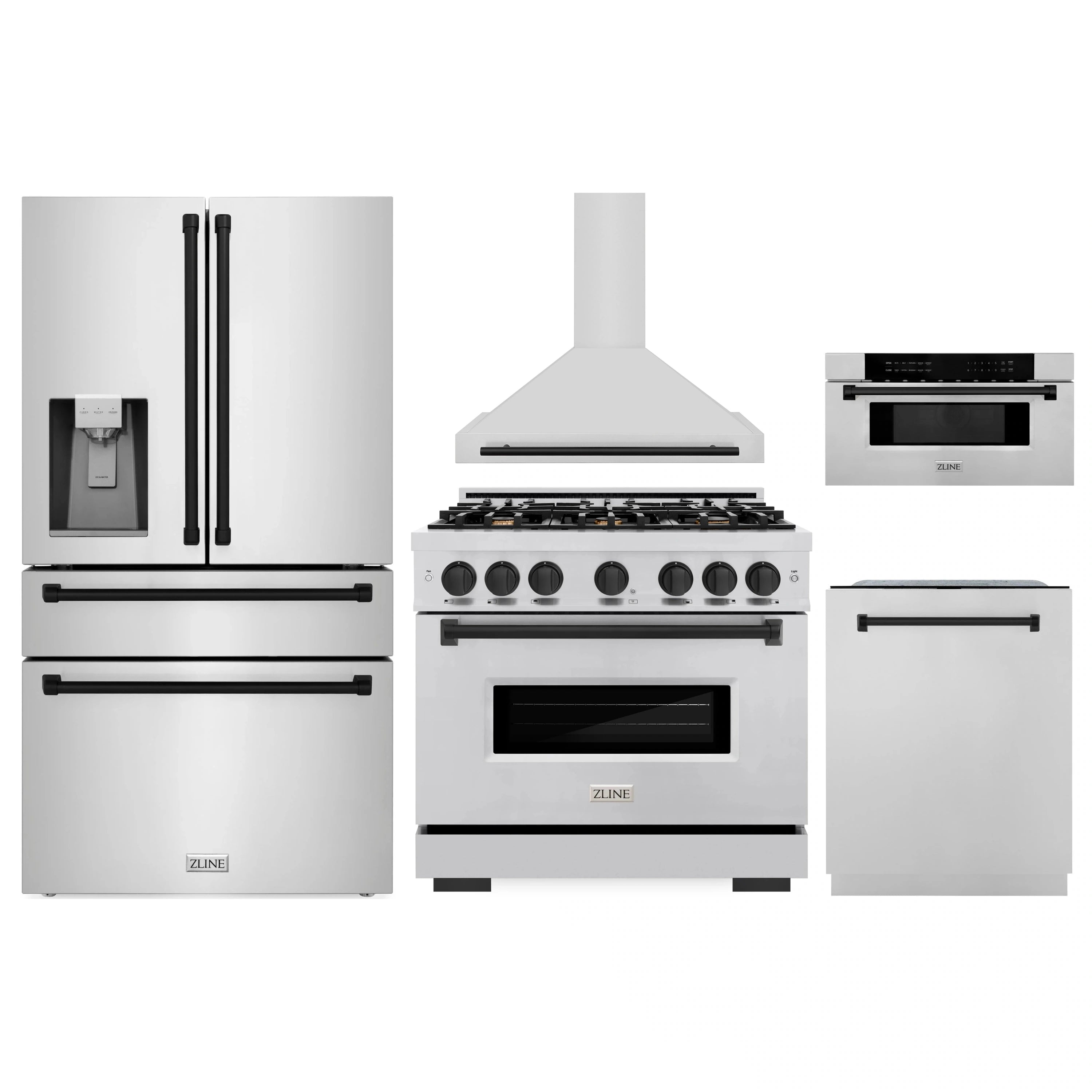 5-piece ZLINE appliance set in stainless with matte black accents: range, hood, fridge, dishwasher