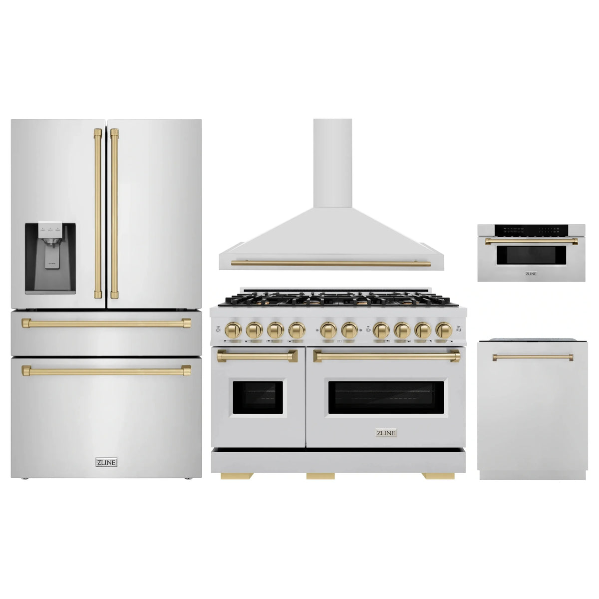 Stainless steel appliance set: dual fuel range, chimney hood, dishwasher, microwave