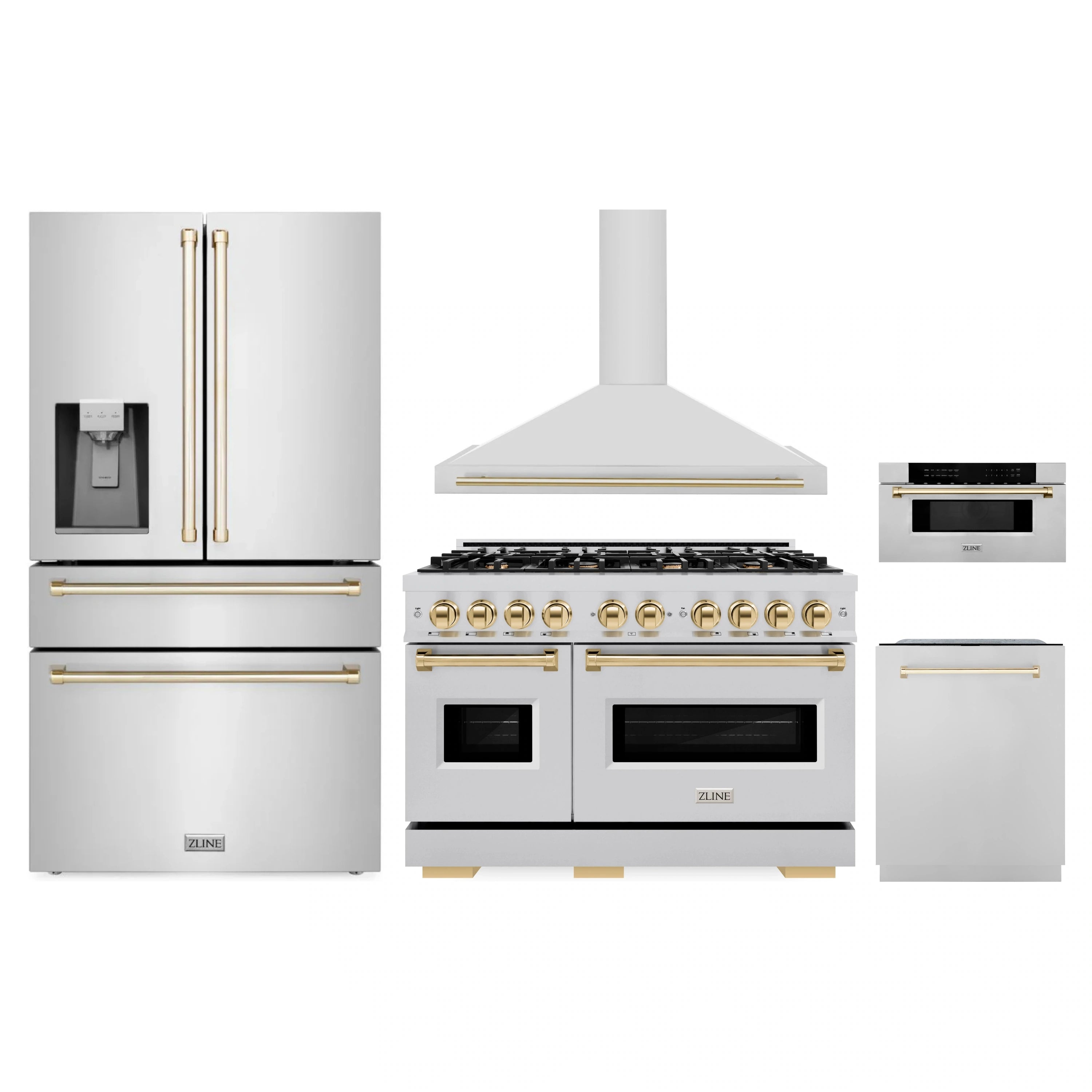 Stainless steel appliance package with gold-accent range, hood, fridge, dishwasher, microwave