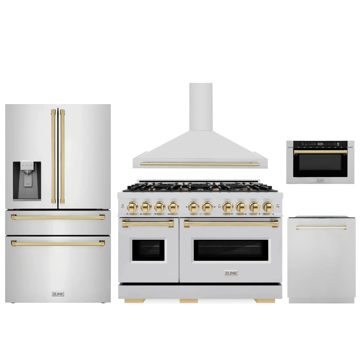 Stainless steel dual-fuel range with gold knobs, cooktop, and matching hood and microwave