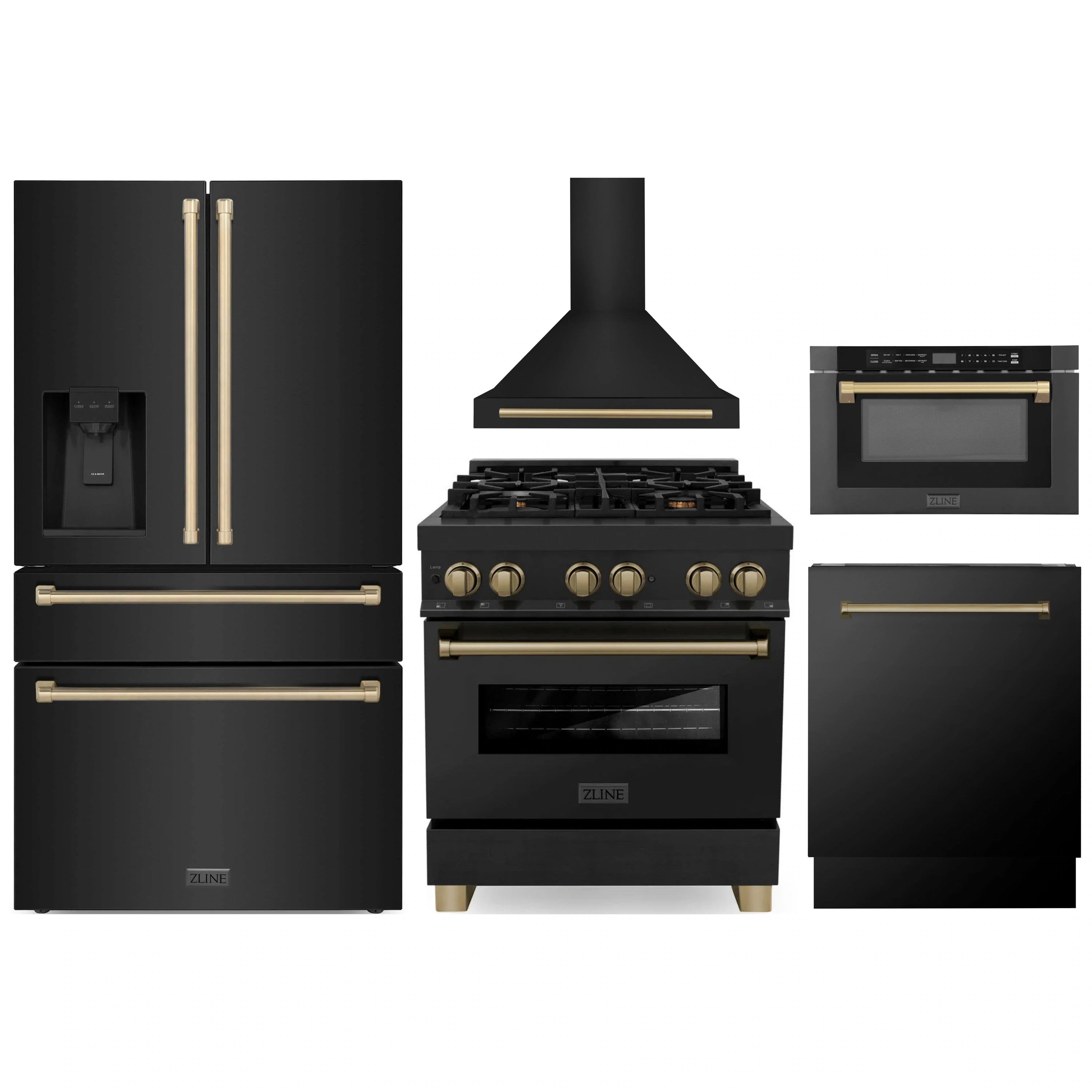 Kitchen appliance package set in black with champagne bronze accents, including range and fridge
