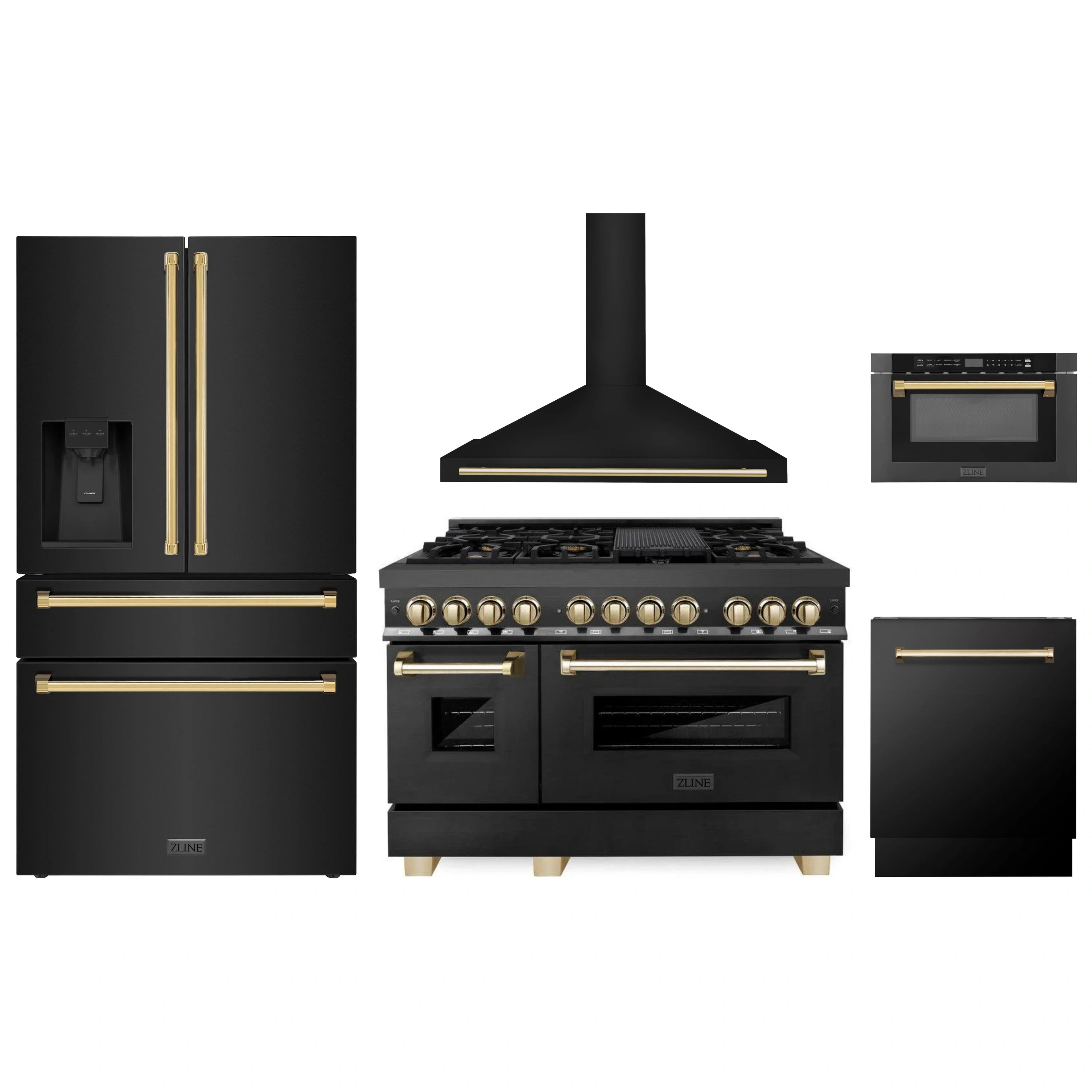 5-piece black kitchen appliance set with gold accents: range, hood, fridge, and more