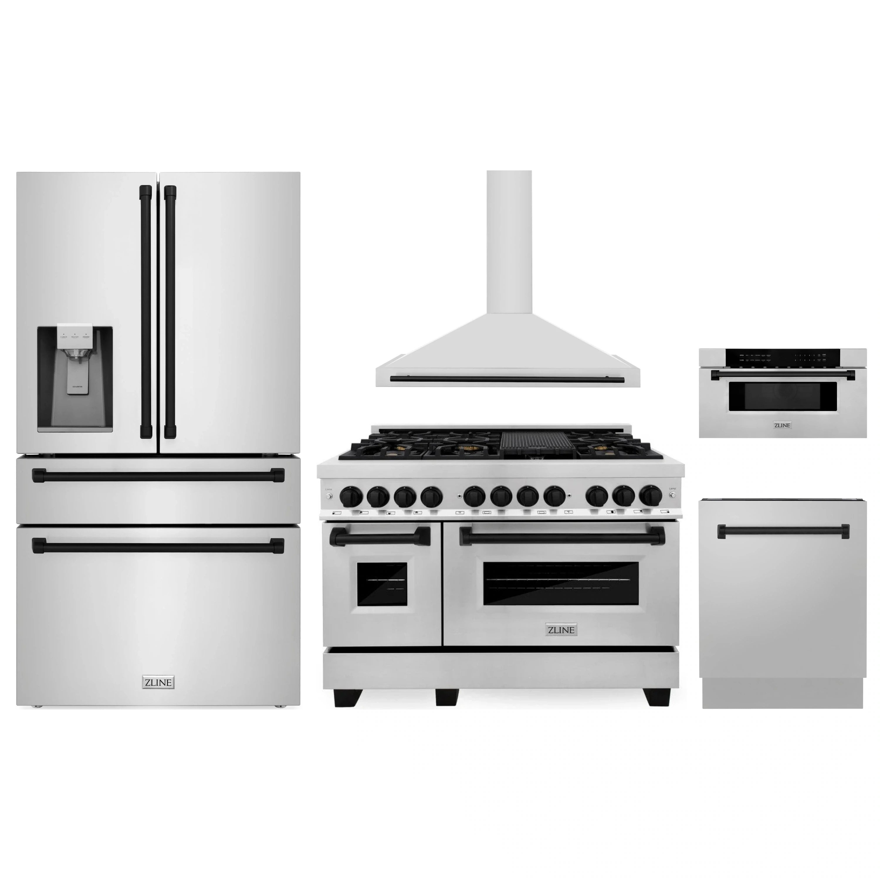 Stainless steel appliance package set with range, refrigerator, microwave drawer, dishwasher