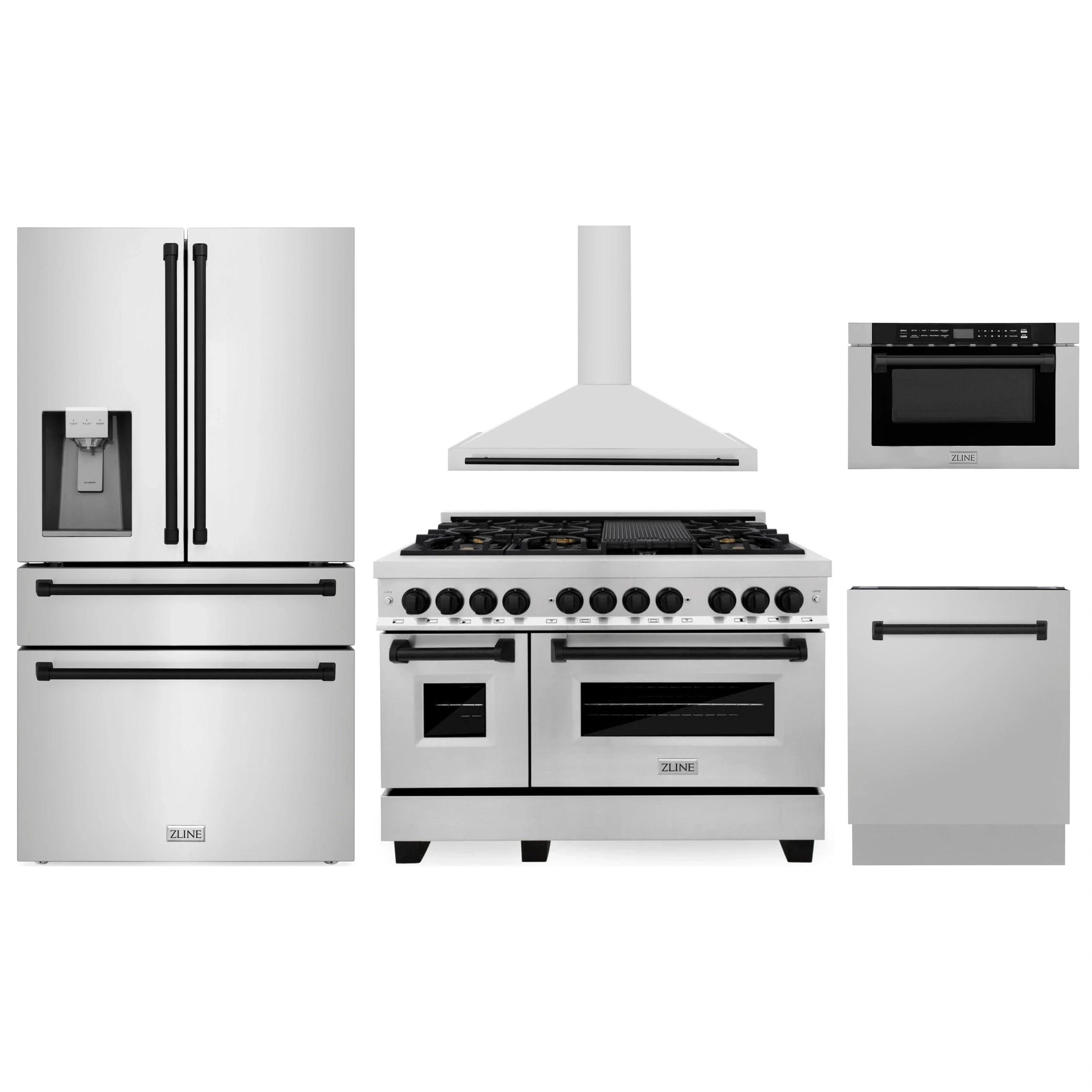 5-piece stainless steel appliance package with matte black accents: range, hood, fridge, dishwasher, drawer microwave