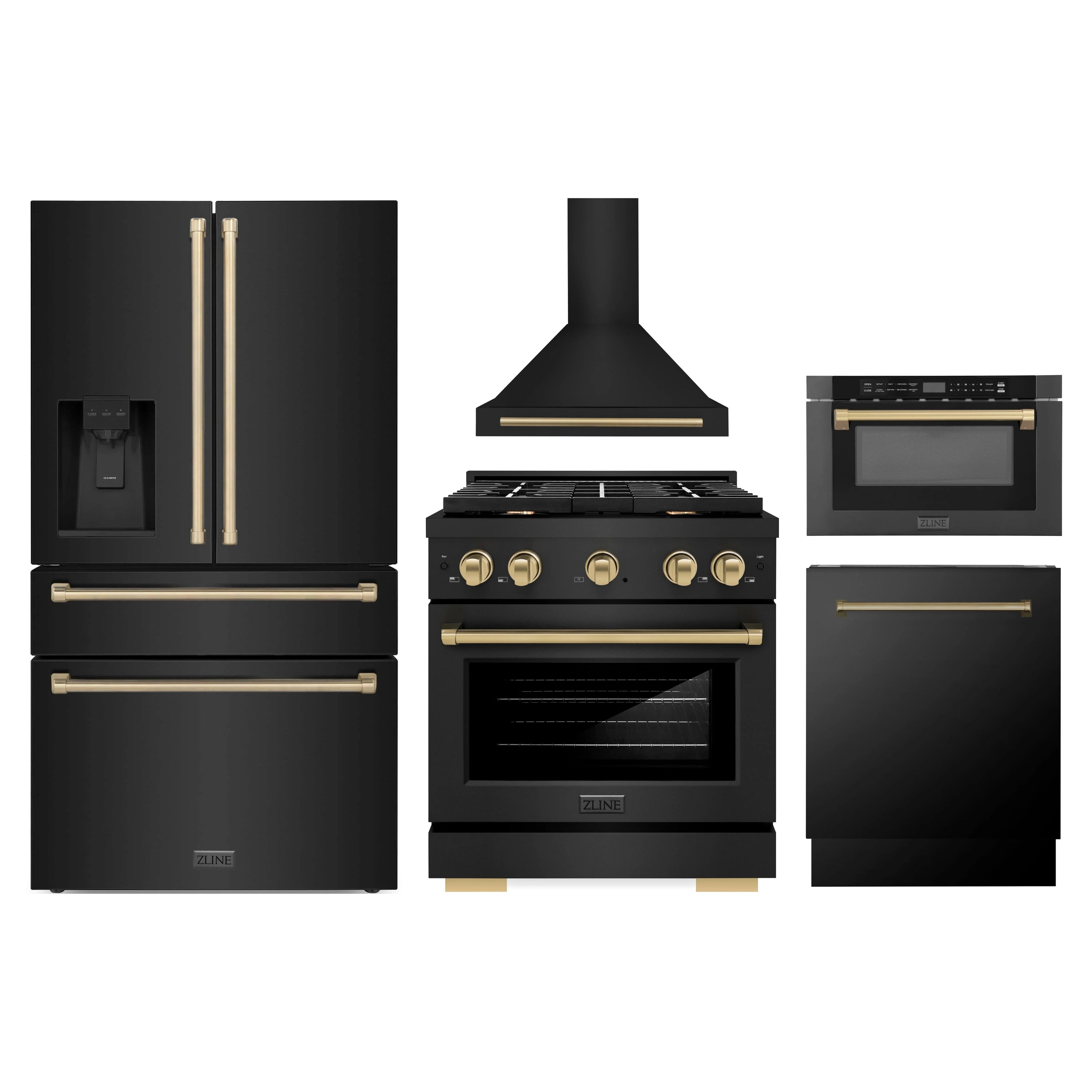 Multi-appliance set in black stainless with champagne bronze accents, including range and hood