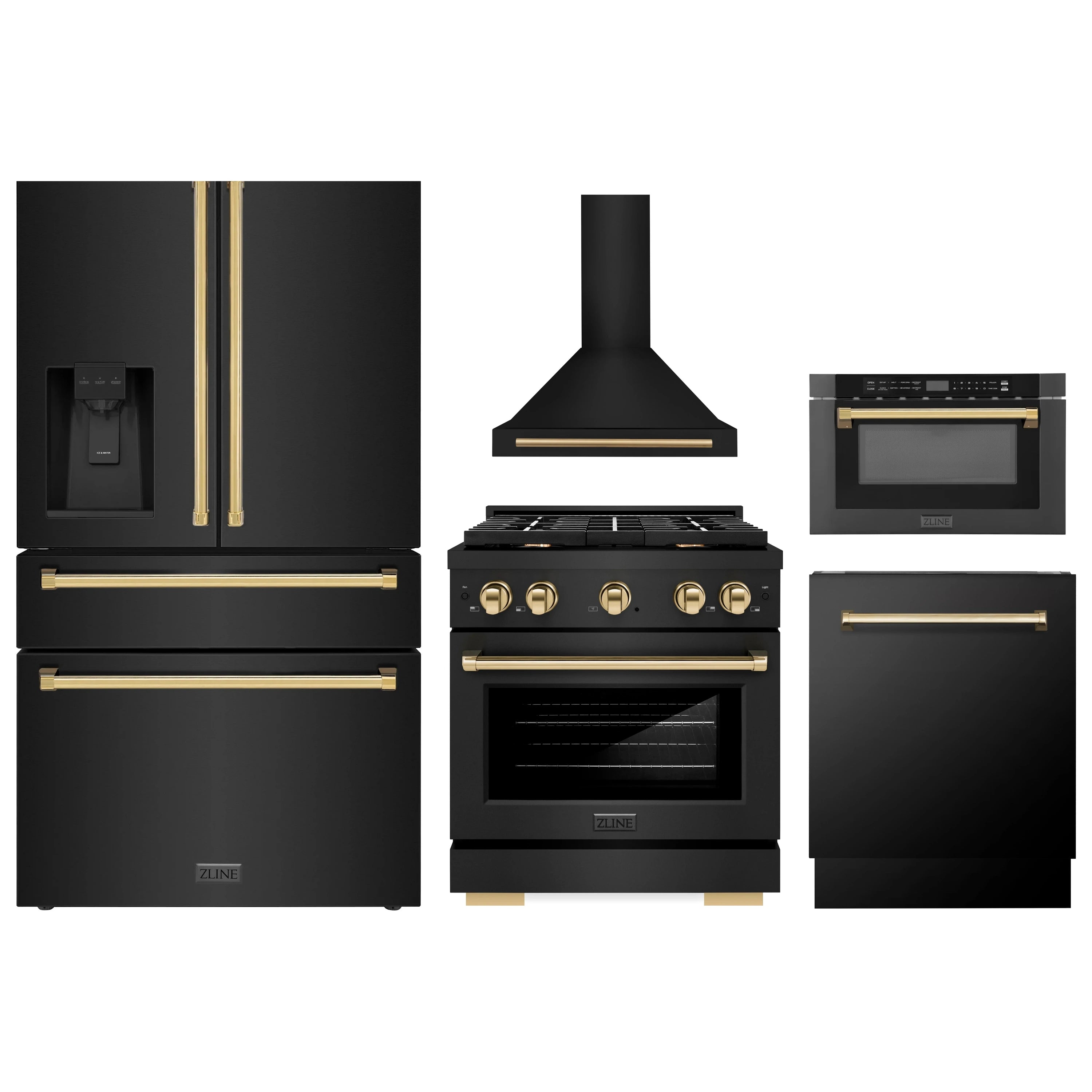 Black stainless kitchen appliance set with gold accents, including range and refrigerator