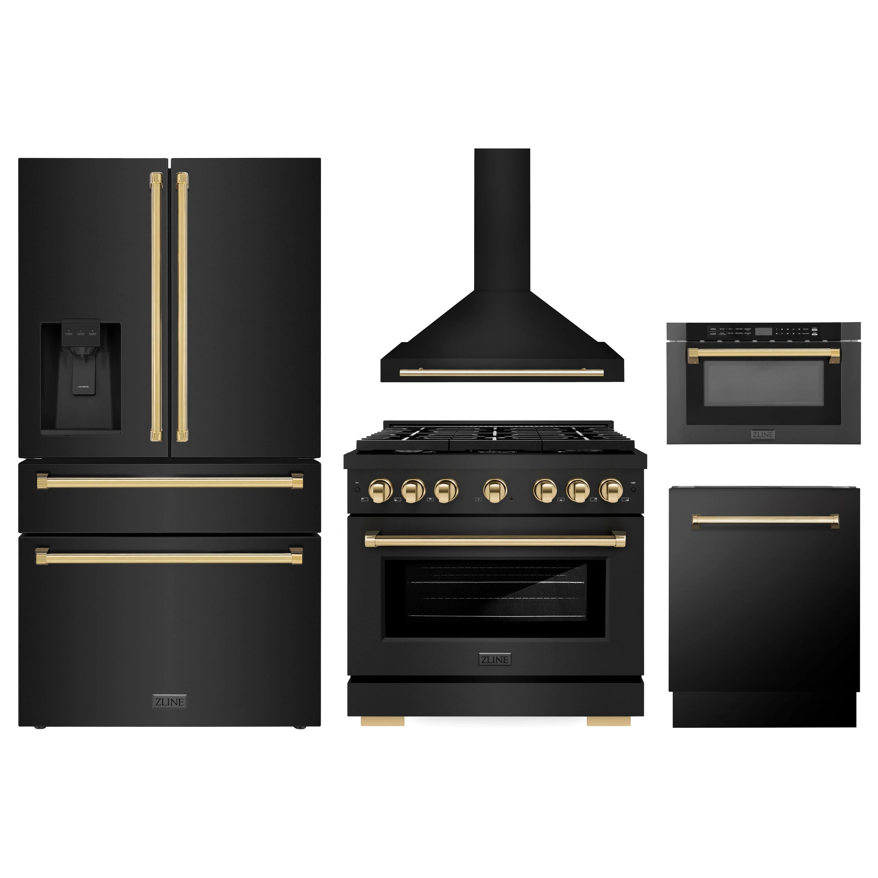 Black stainless appliance set with gold accents: fridge, range, hood, oven, microwave