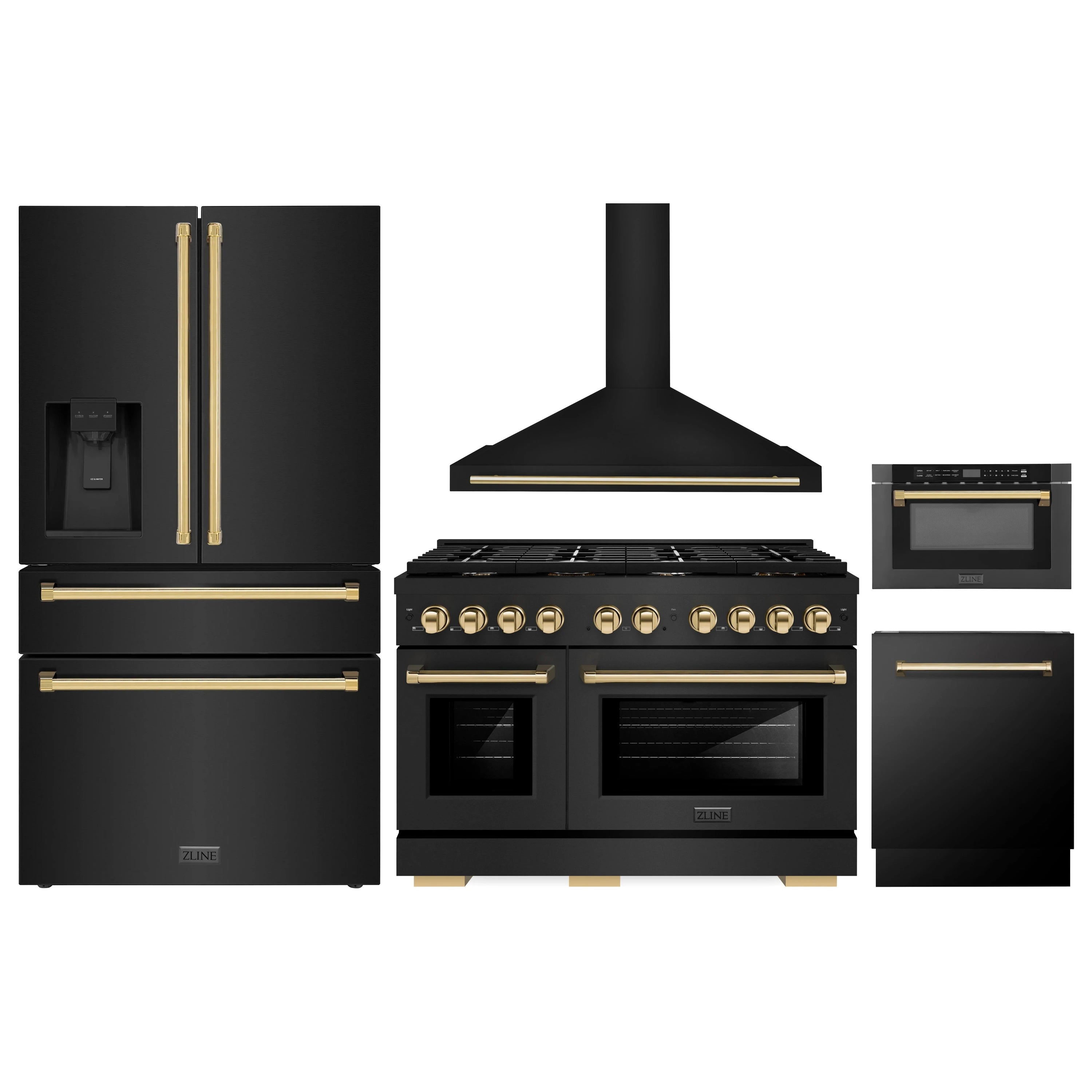 Black multi-appliance set with gold accents, featuring a dual fuel range