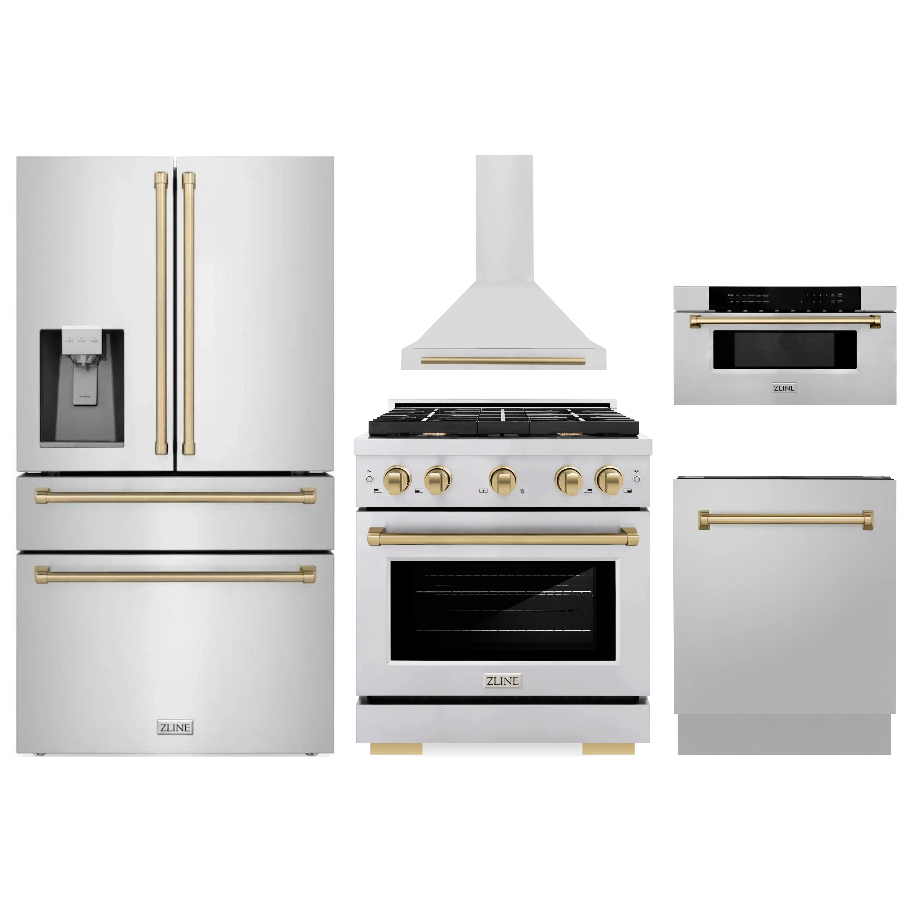 Stainless steel appliance package featuring refrigerator, range, microwave, and dishwasher