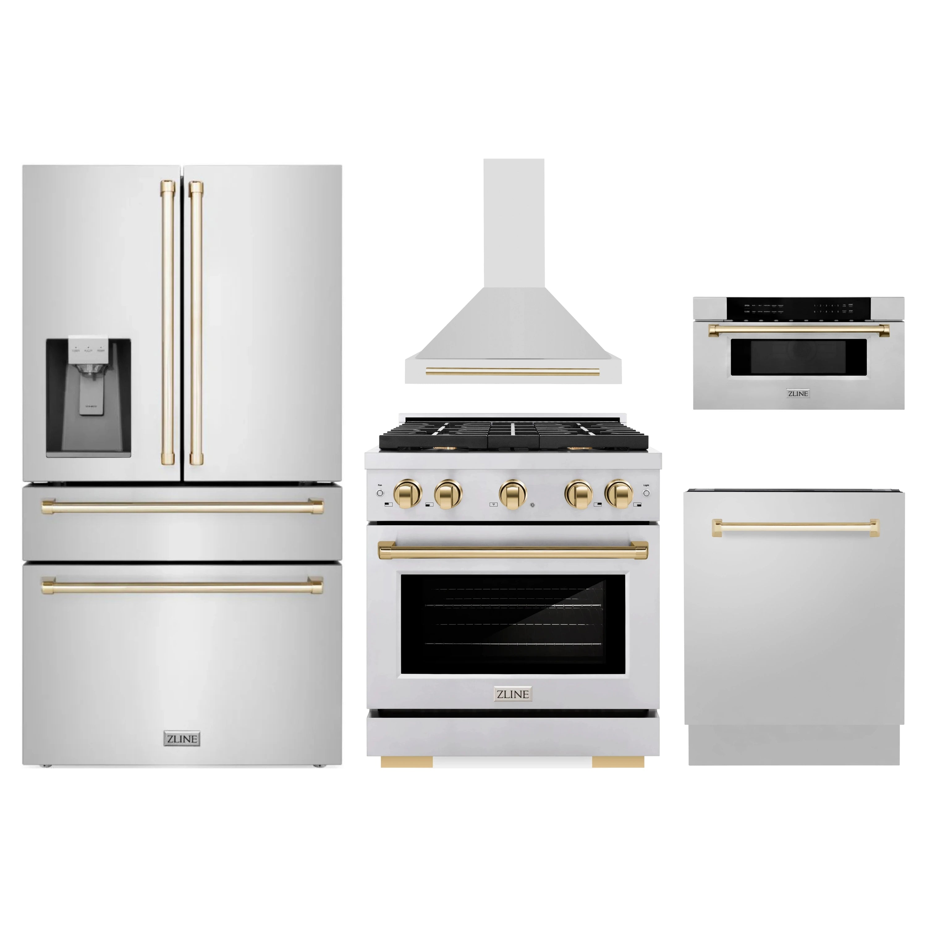 ZLINE stainless steel appliance package with gold-accent doors, handles, and range