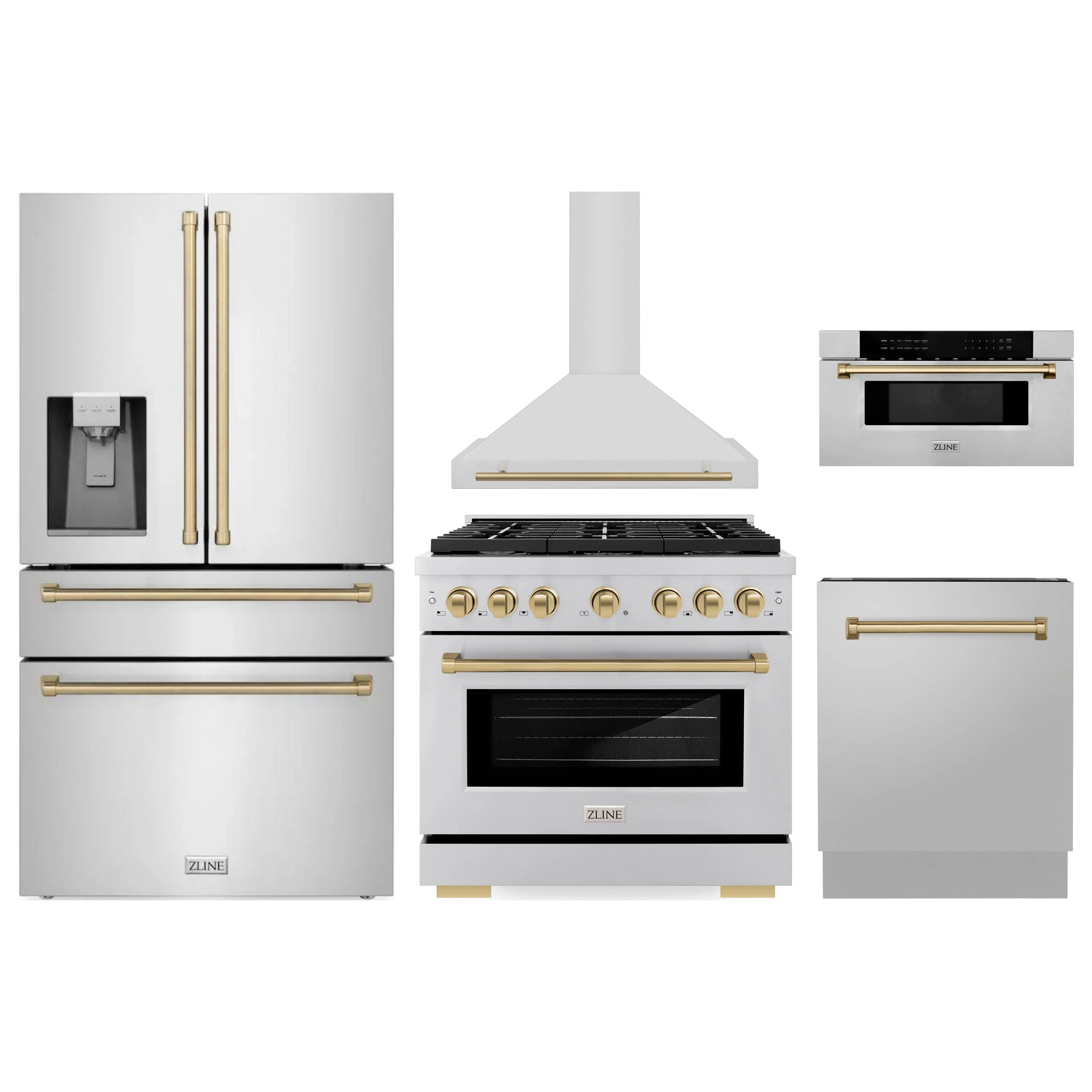 Stainless steel 5-piece appliance package with champagne bronze accents