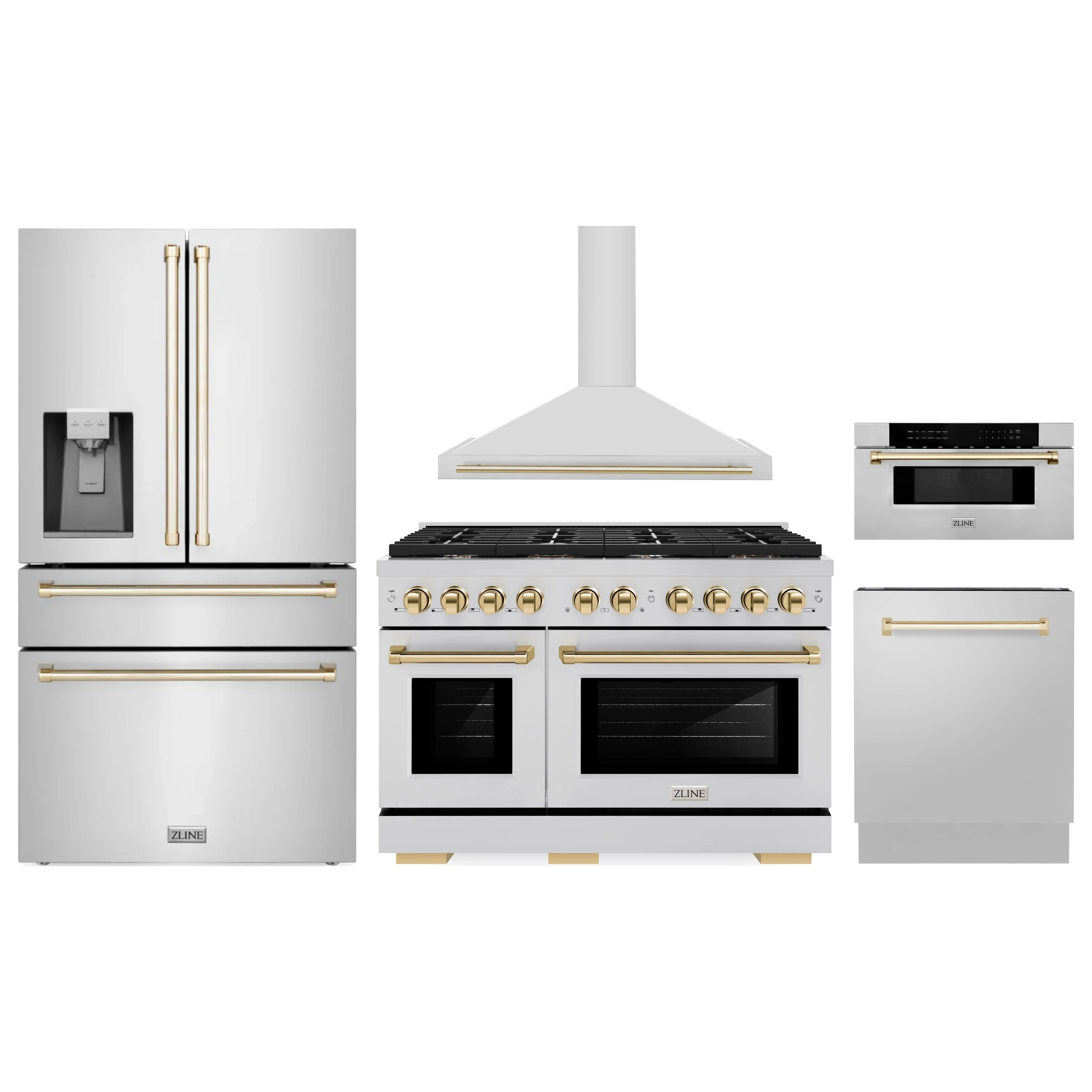 Five-piece stainless steel appliance package with gold accents, including range and hood.