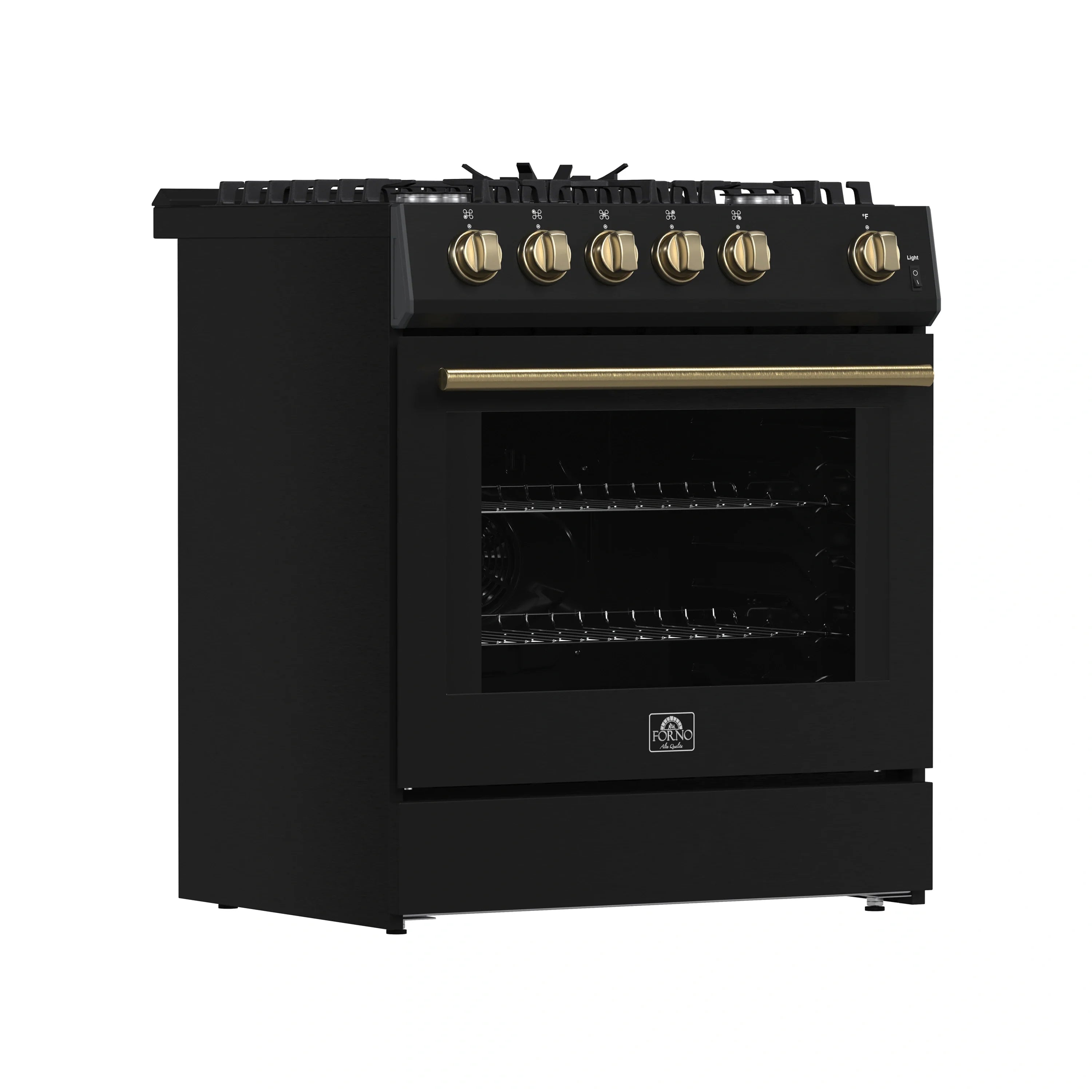 Black gas range with antique brass knobs and oven window, exterior view