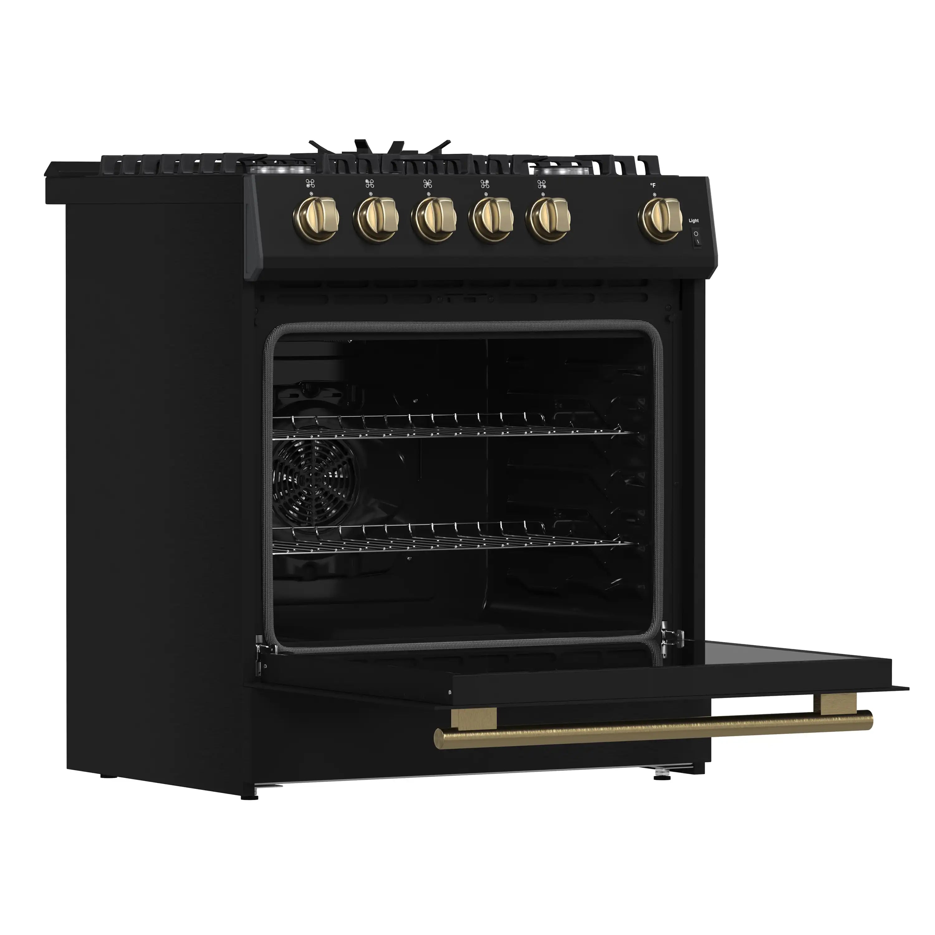 Black gas range with open oven door, antique brass handle, visible racks inside