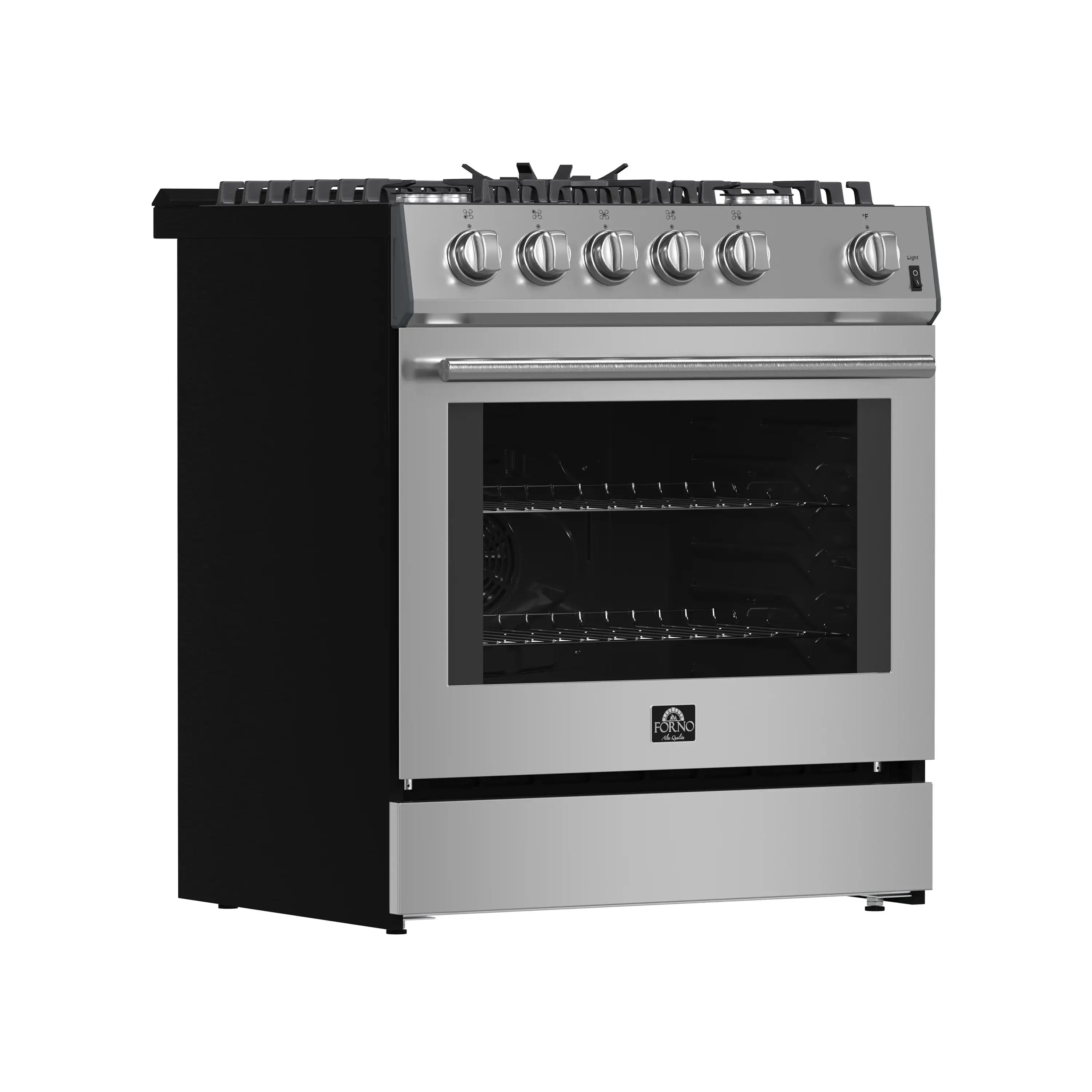Stainless steel gas range with oven door closed, chrome handle, control knobs