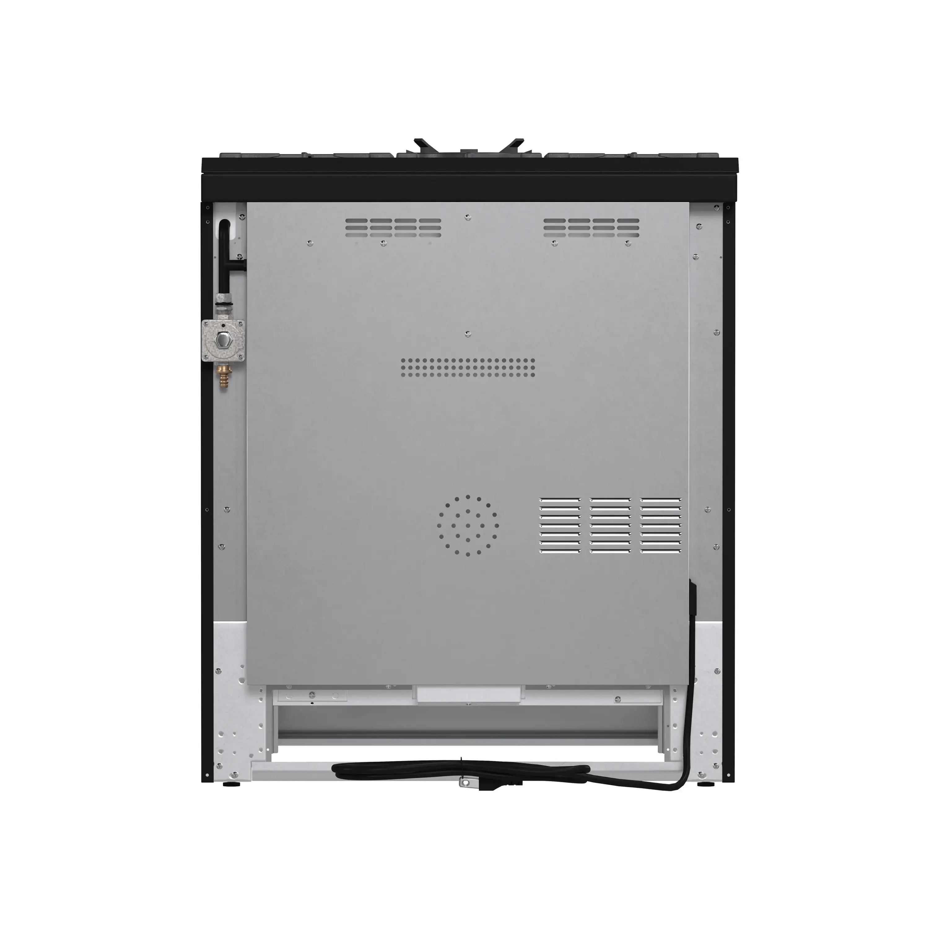 Stainless steel gas range back panel with vented openings and access ports