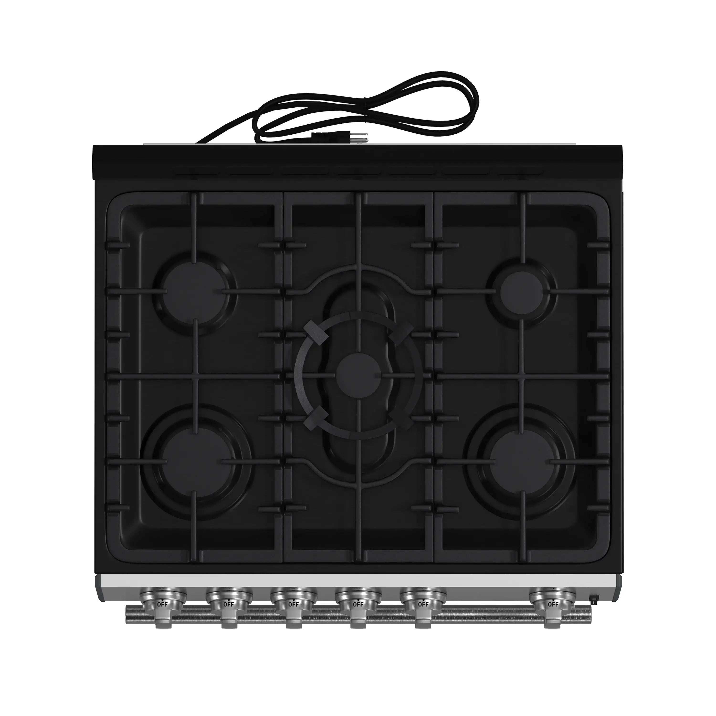 Black gas cooktop with four burner grates and metal control knobs