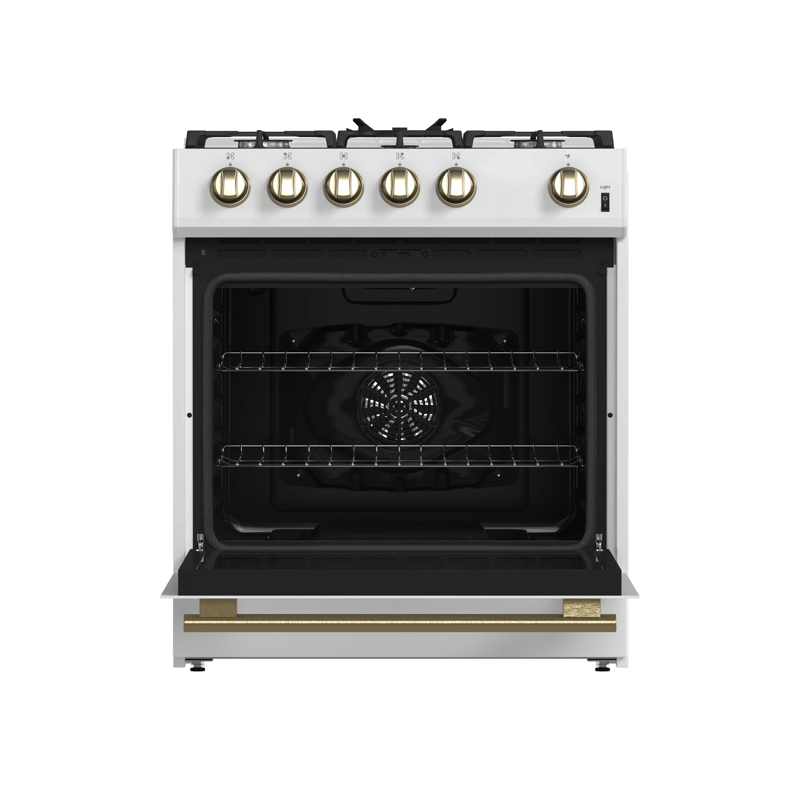 White gas range oven open, showing black interior racks and brass trim handle