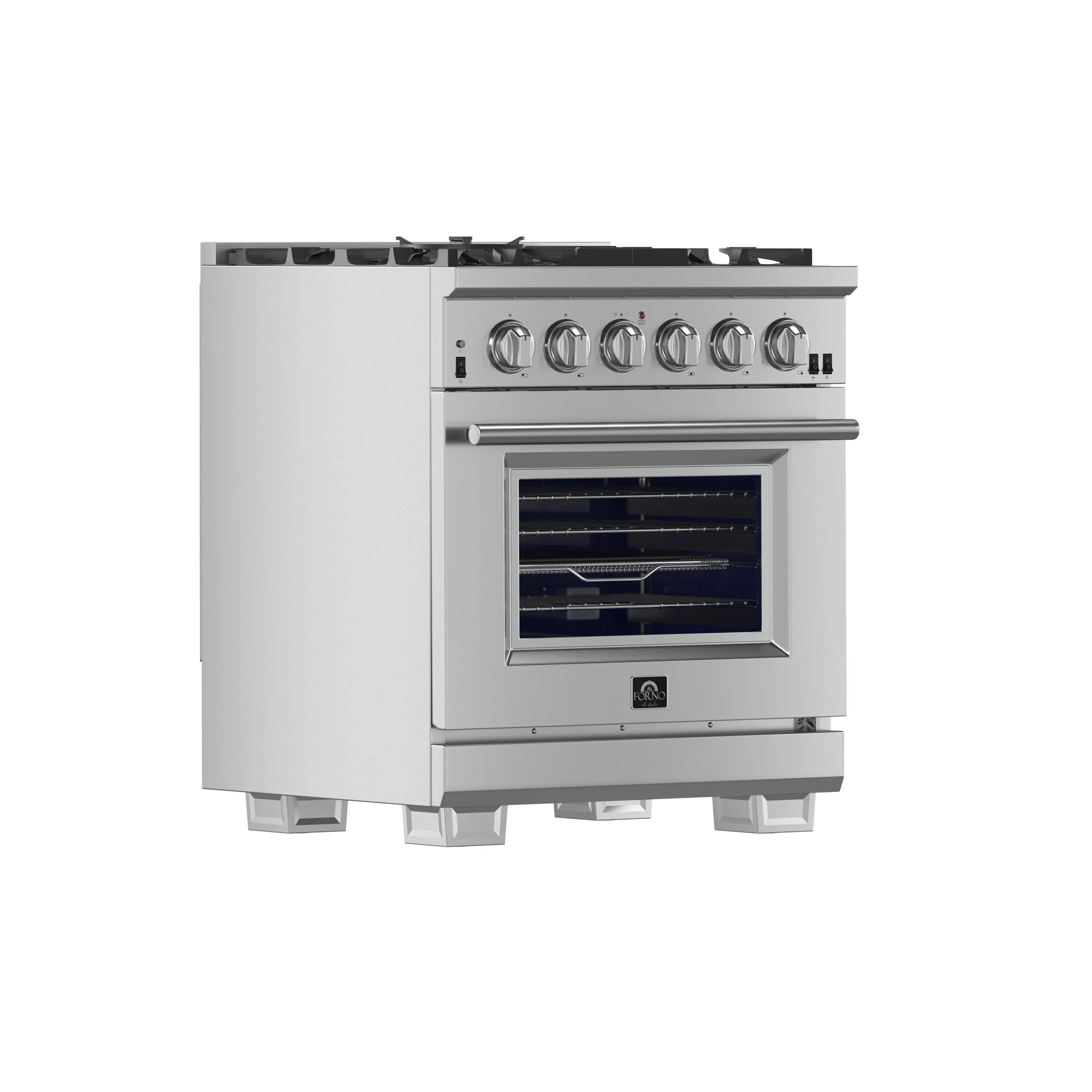 Stainless steel gas range with control knobs and glass oven door window