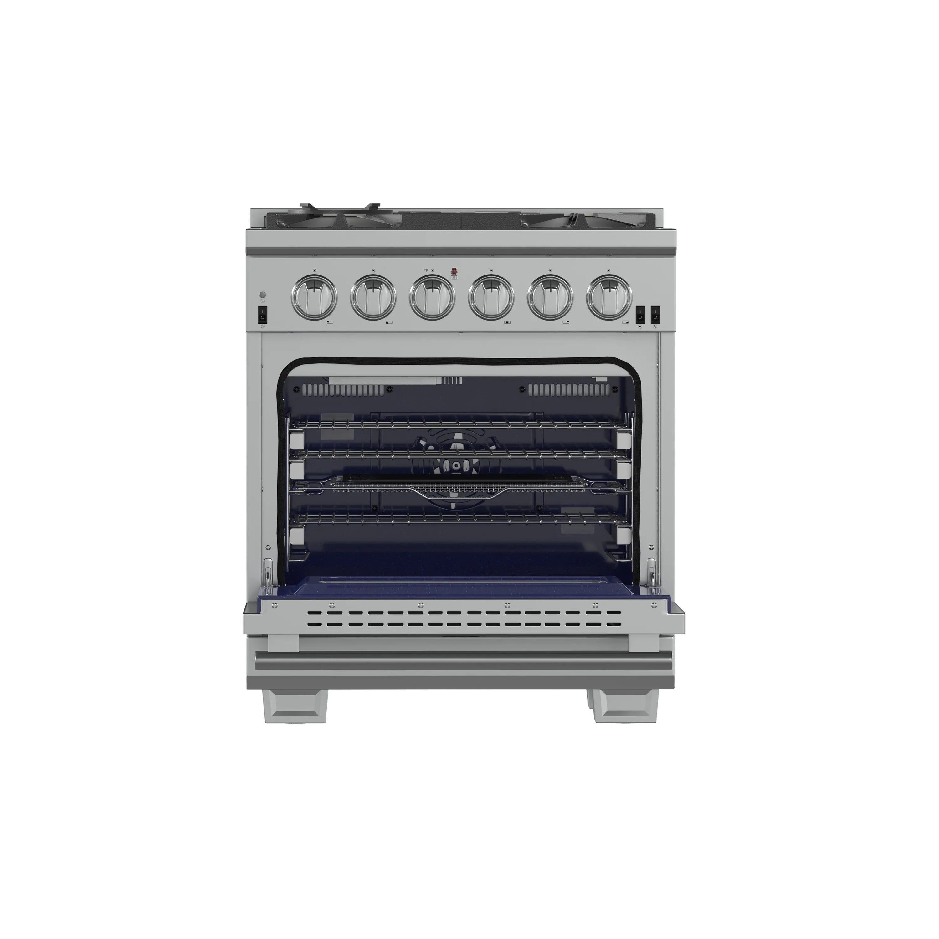 Stainless steel gas range with oven door open showing racks and burners