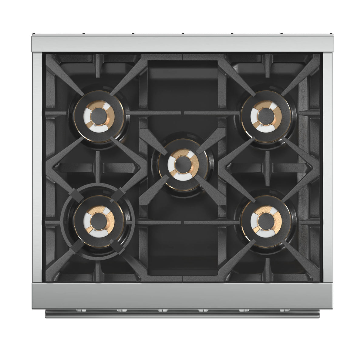 Gas cooktop with 5 burner grates and black surface, stainless front border