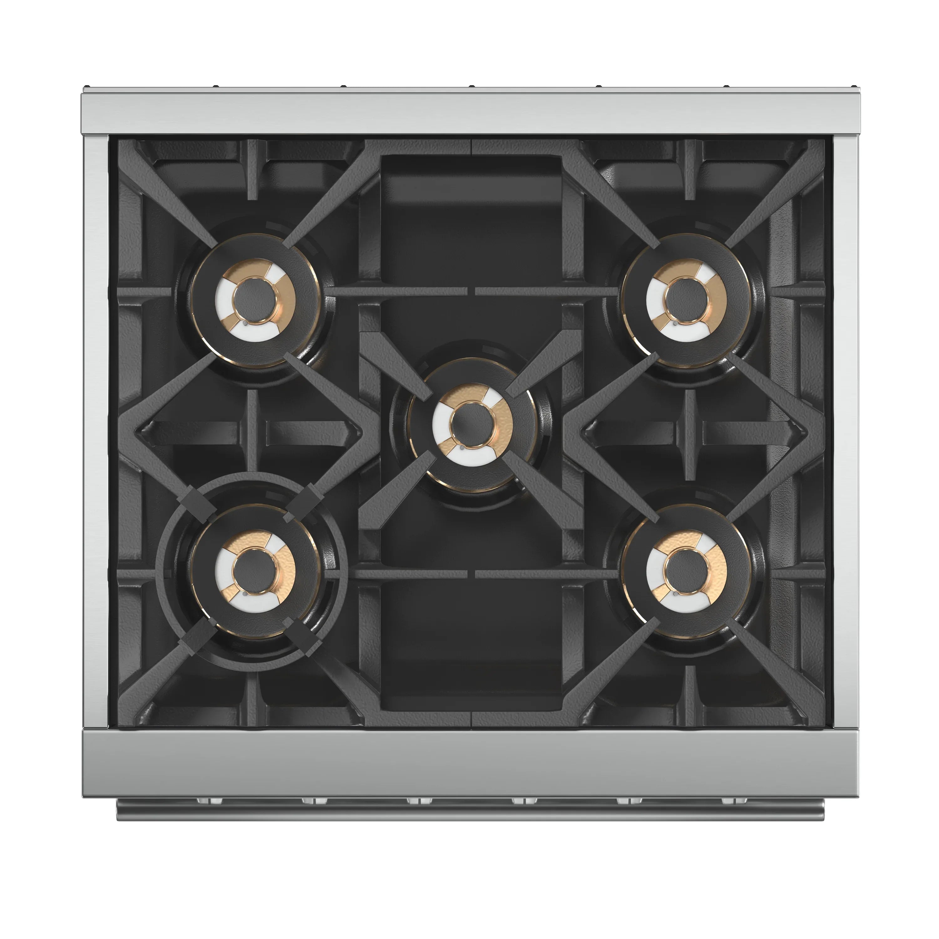 Gas range cooktop with five burners and black grates