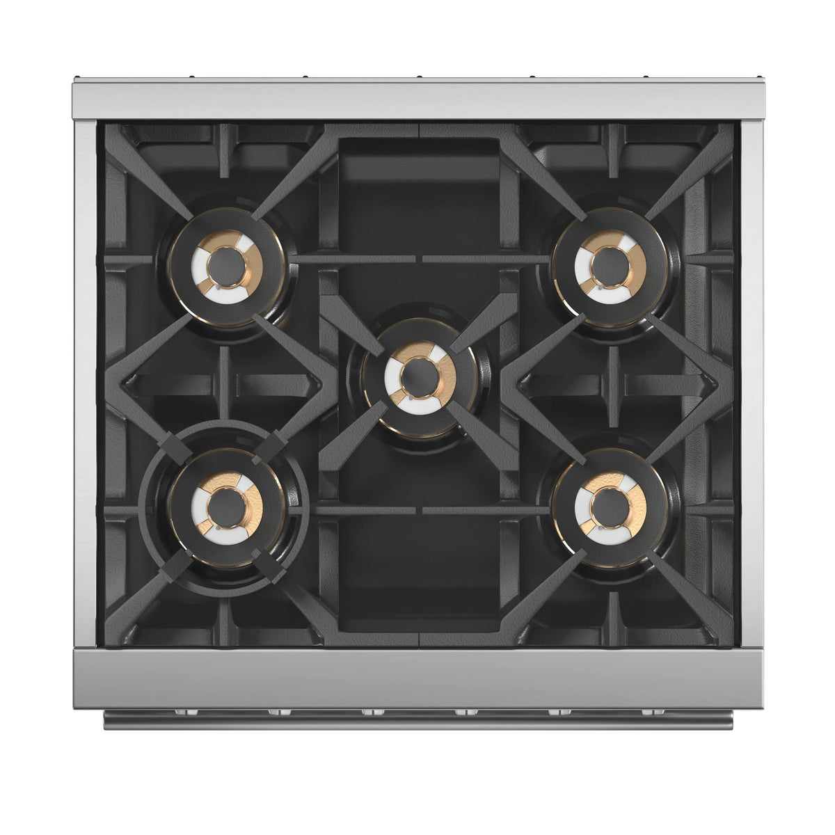 Stainless steel gas cooktop with five black grates and burner rings